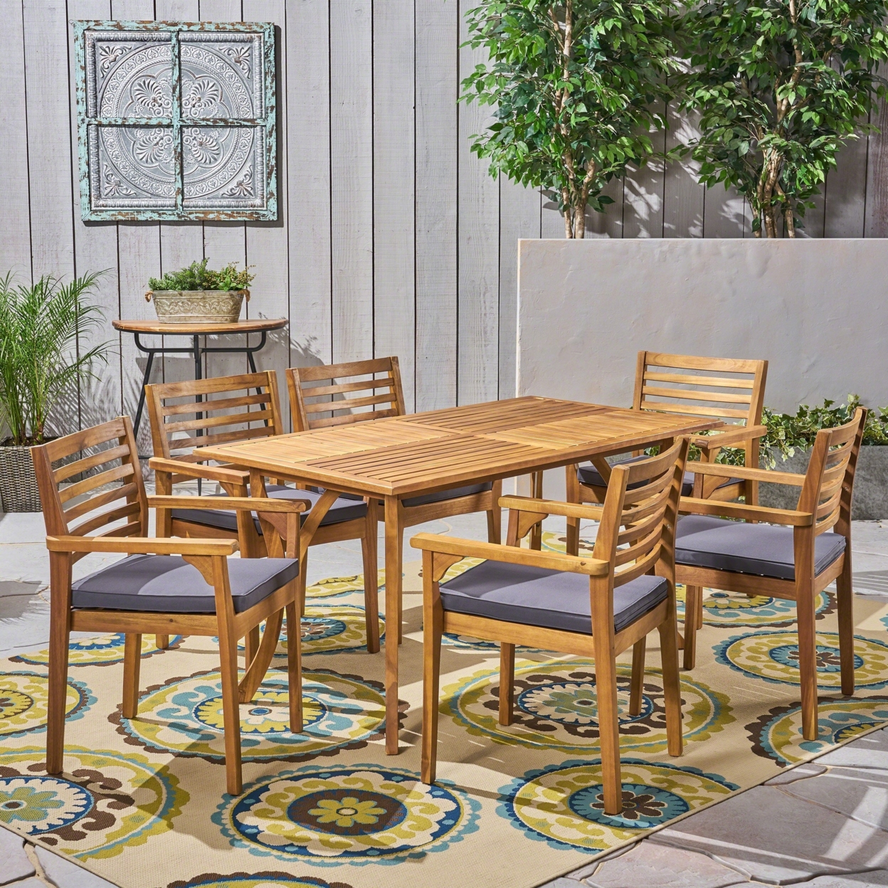 Phoenix Outdoor Acacia 6-Seater Dining Set With Cushions And 59 Rectangular Table With Carved Legs - Gray
