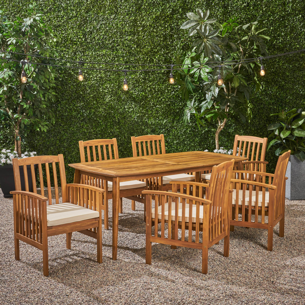 Phoenix Outdoor Acacia 6-Seater Dining Set With Cushions And 71 Rectangular Table With Straight Legs - Teak / Cream