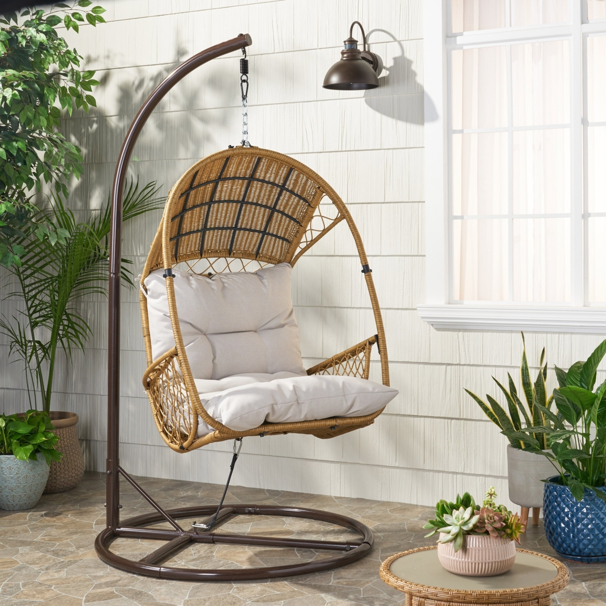 Primo Outdoor Wicker Hanging Basket Egg Chair With Stand - Dark Brown