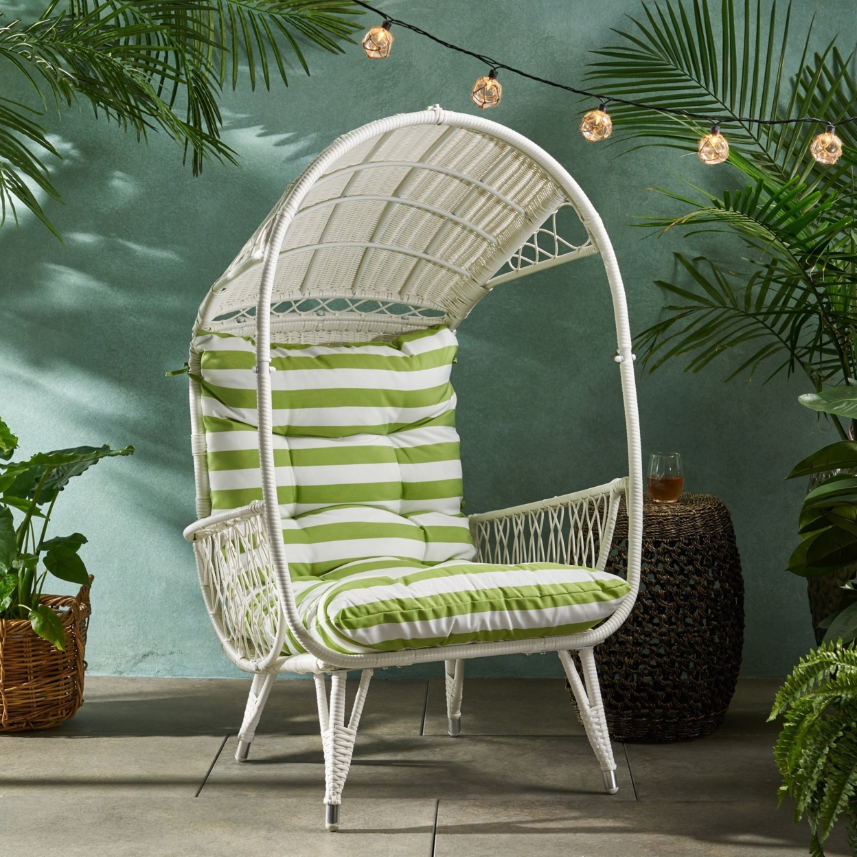 Primo Outdoor Wicker Freestanding Basket Chair - White / Green