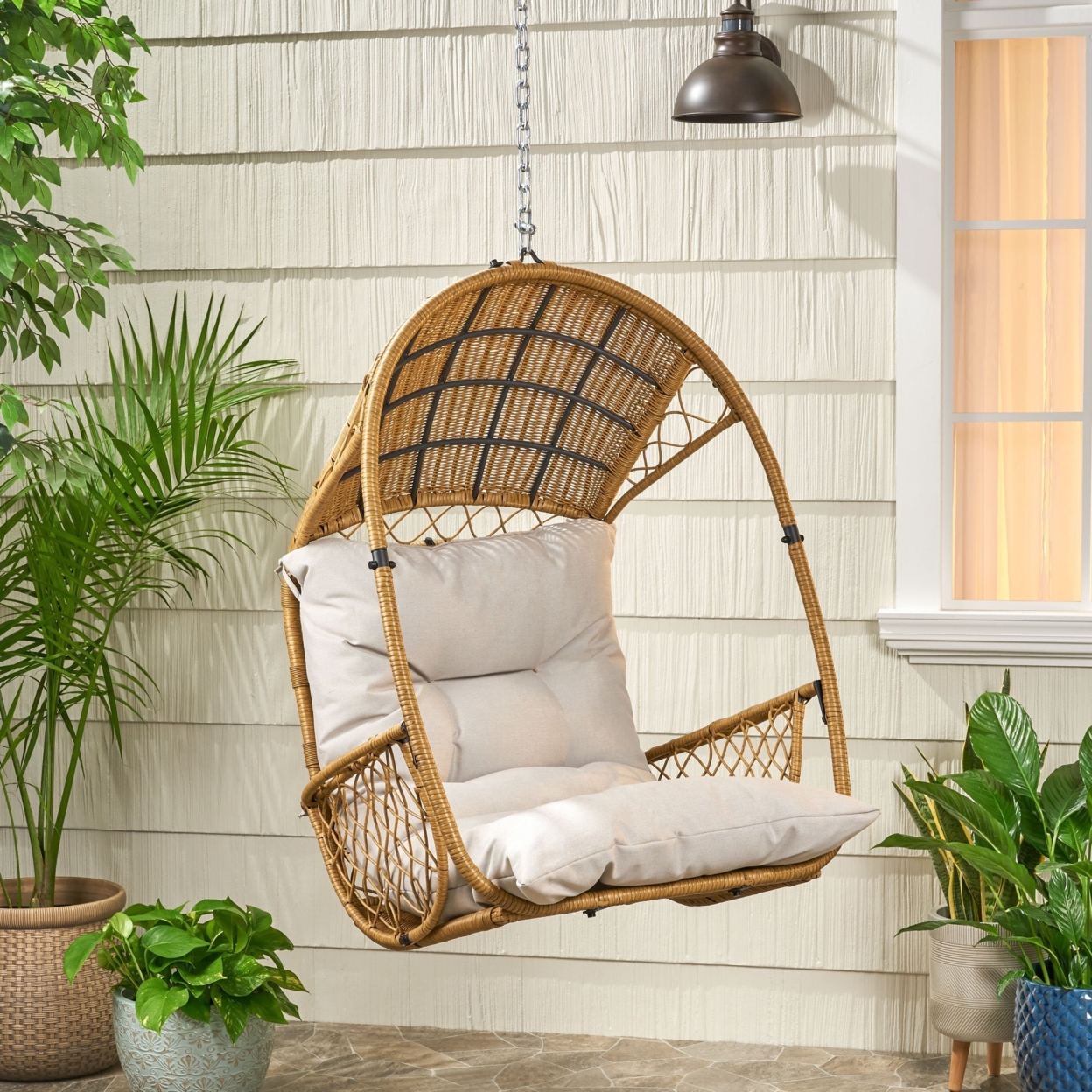 Primo Wicker Hanging Basket Chair (No Stand) - Light Brown/brown/beige