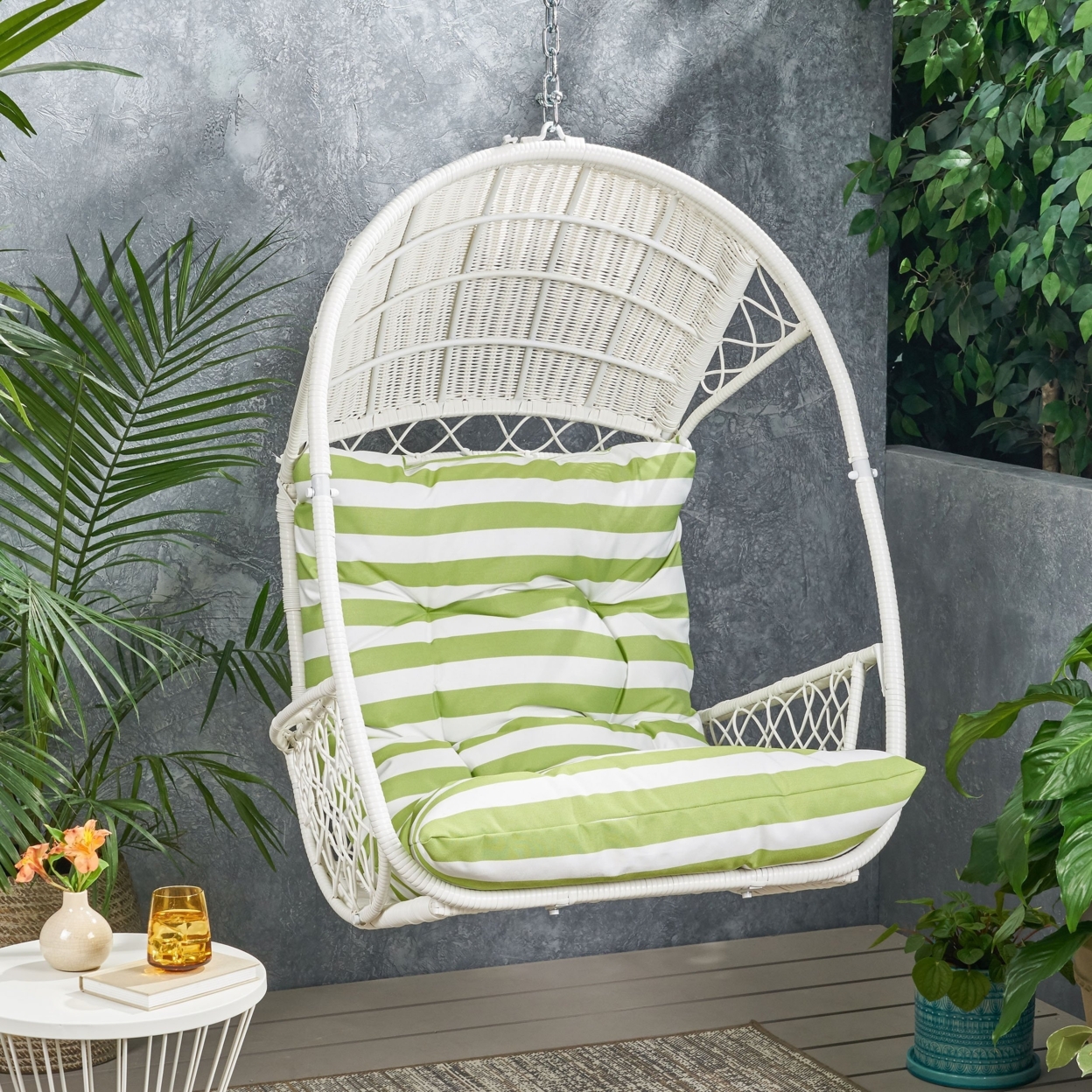Primo Wicker Hanging Basket Chair (No Stand) - White/green