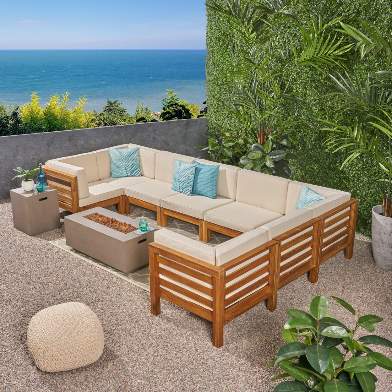 Ravello Outdoor U-Shaped Sectional Sofa Set With Fire Pit - Gray / Dark Gray / Dark Gray