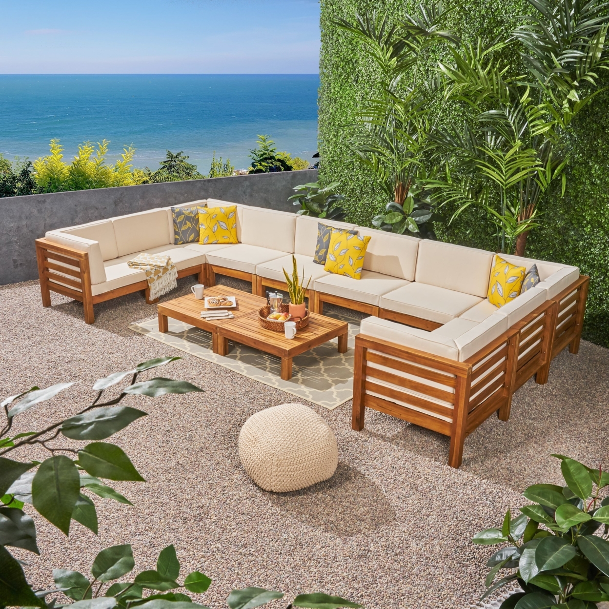 Ravello Outdoor U-Shaped Sectional Sofa Set With Coffee Tables - Weathered Gray / Dark Gray