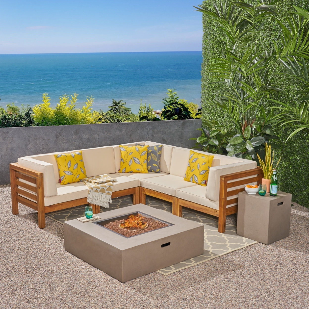 Ravello Outdoor V-Shaped Sectional Sofa Set With Fire Pit - Teak / Red / Light Gray