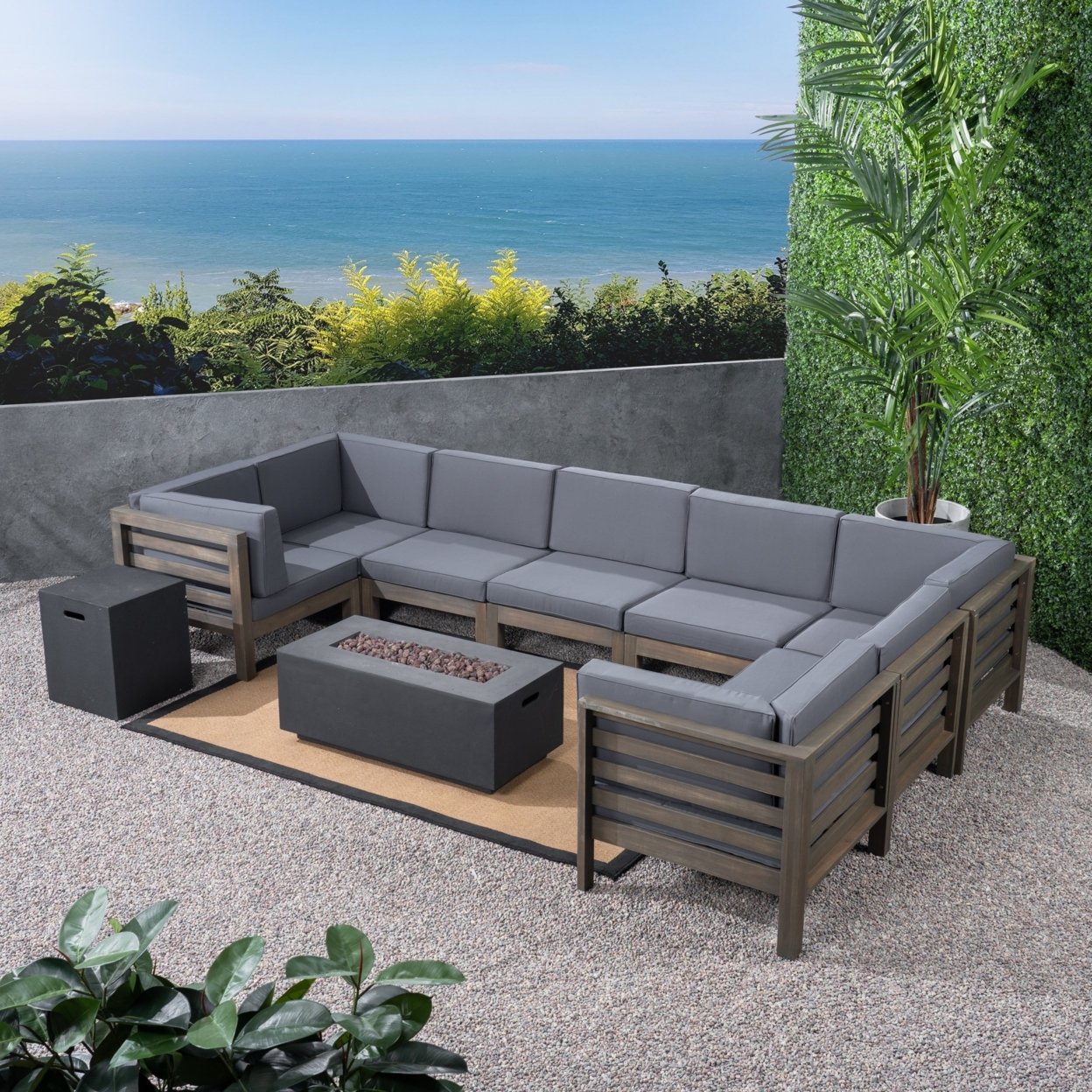 Ravello Outdoor U-Shaped Sectional Sofa Set With Fire Pit - Gray / Dark Gray / Dark Gray