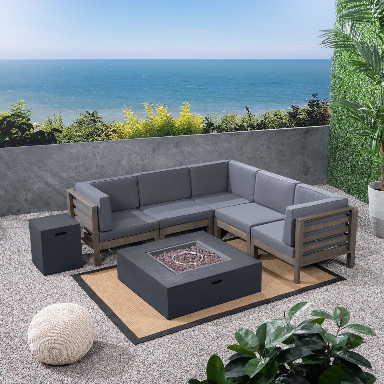 Ravello Outdoor V-Shaped Sectional Sofa Set With Fire Pit - Gray / Dark Gray / Dark Gray