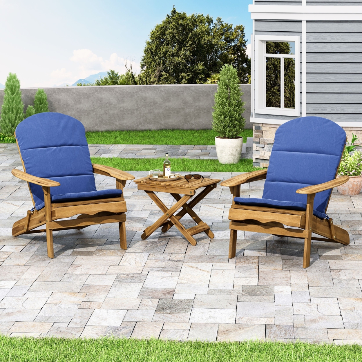 Reed Outdoor 2 Seater Acacia Wood Chat Set With Water Resistant Cushions - Natural/navy Blue