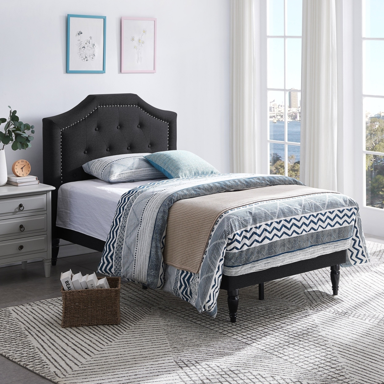 Renee Contemporary Upholstered Twin Bed Platform - Black