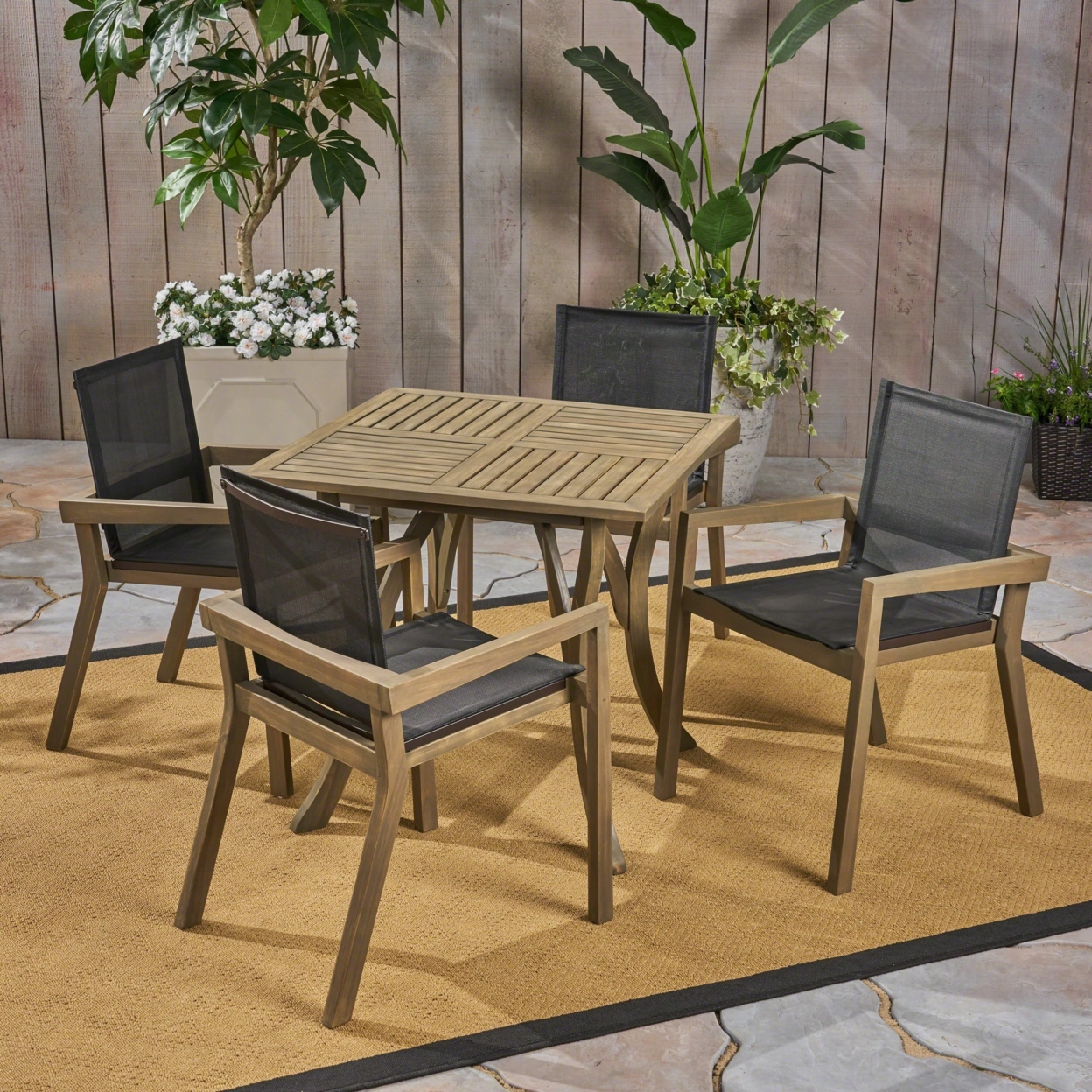Ruiz Outdoor Acacia Wood 4 Seater Square Dining Set With Mesh Seats - Gray