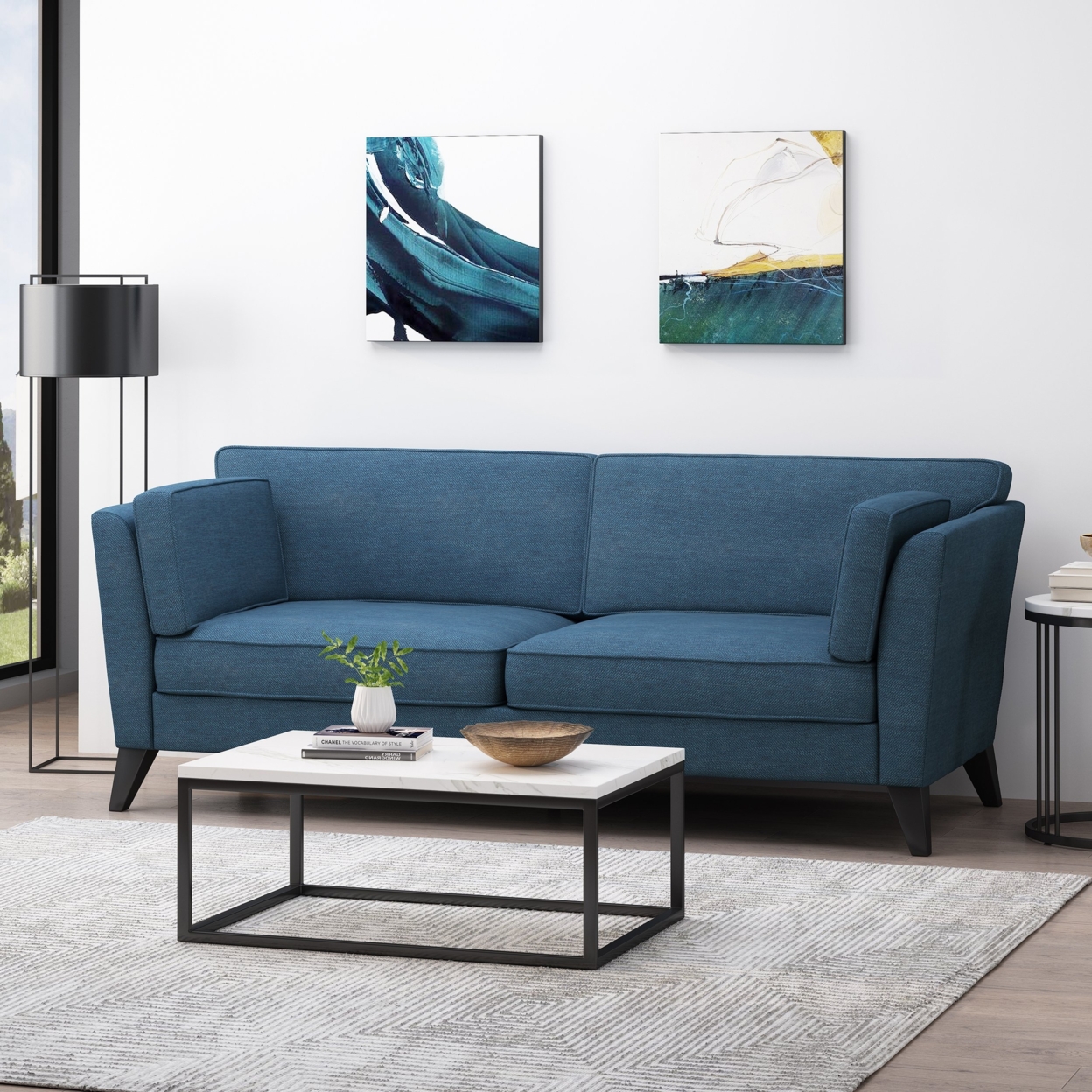 Sabirin Contemporary 3 Seater Fabric Sofa - Navy Blue