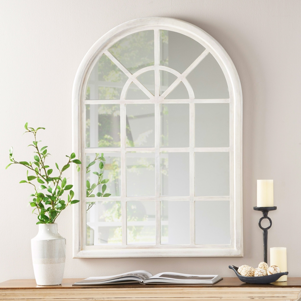 Sebastiane Traditional Arched Windowpane Mirror - White Wash