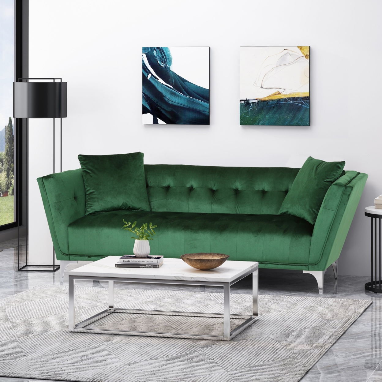 Ryliegh Modern Glam 3 Seater Velvet Sofa - Emerald Green
