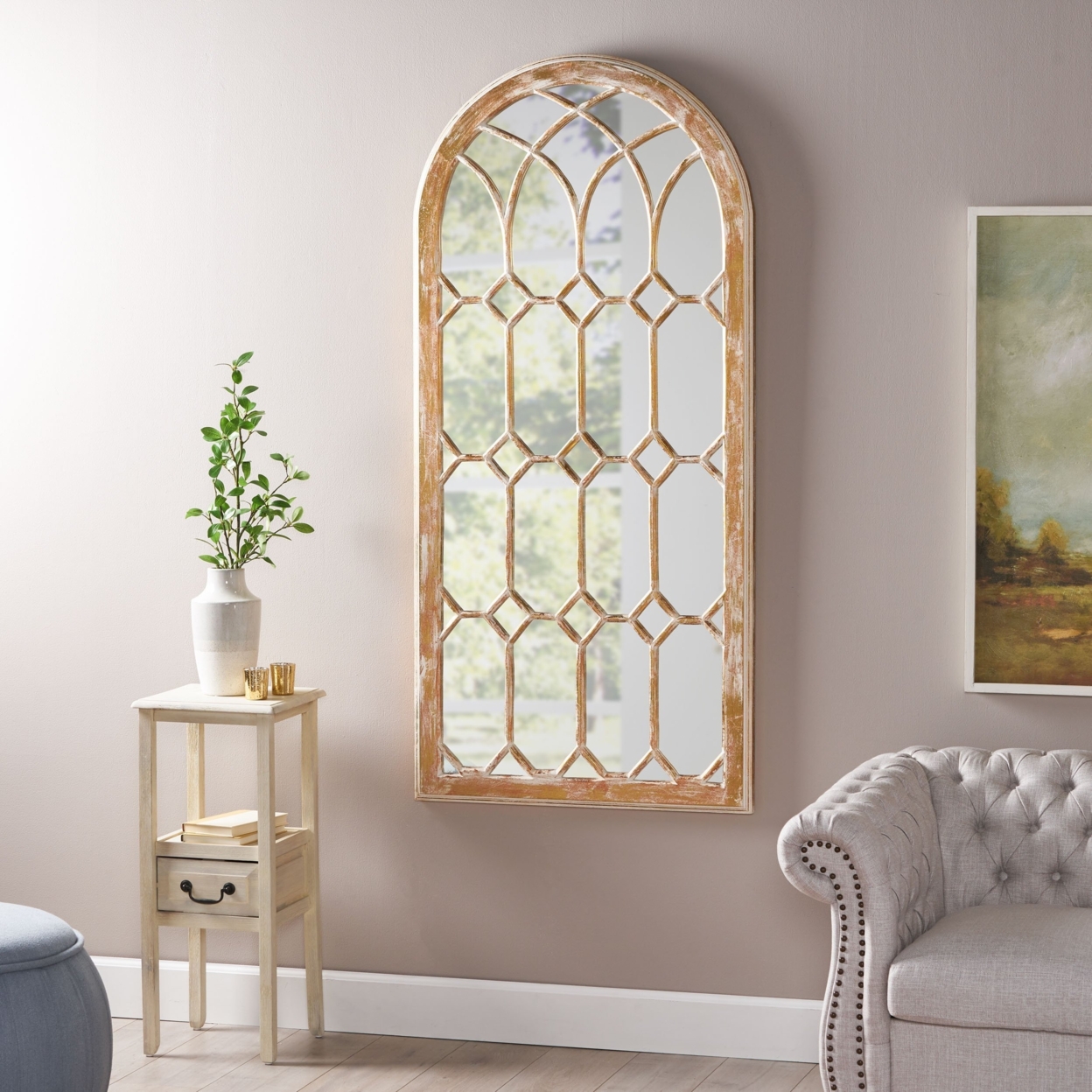 Selena Traditional Arched Windowpane Mirror - Distressed Gold