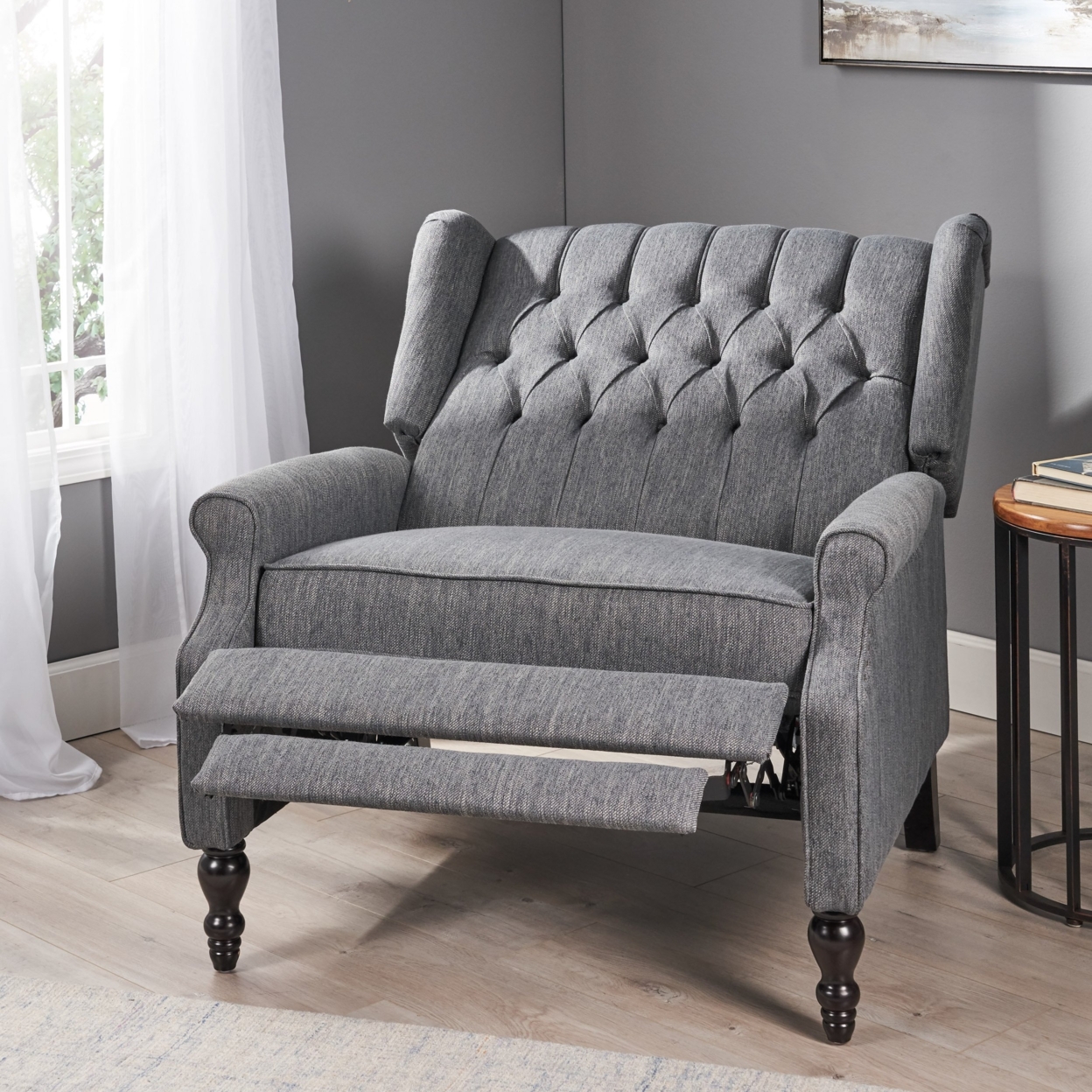 Salome Oversized Tufted Wingback Fabric Push Back Recliner - Charcoal
