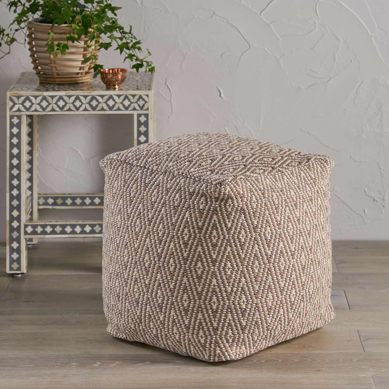 Sovereign Hand-Crafted Cotton Cube Pouf - Dark Gray/brown