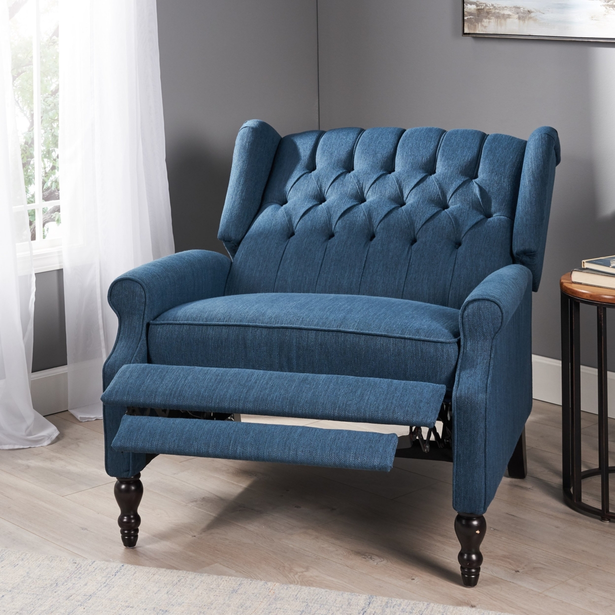 Salome Oversized Tufted Wingback Fabric Push Back Recliner - Navy Blue