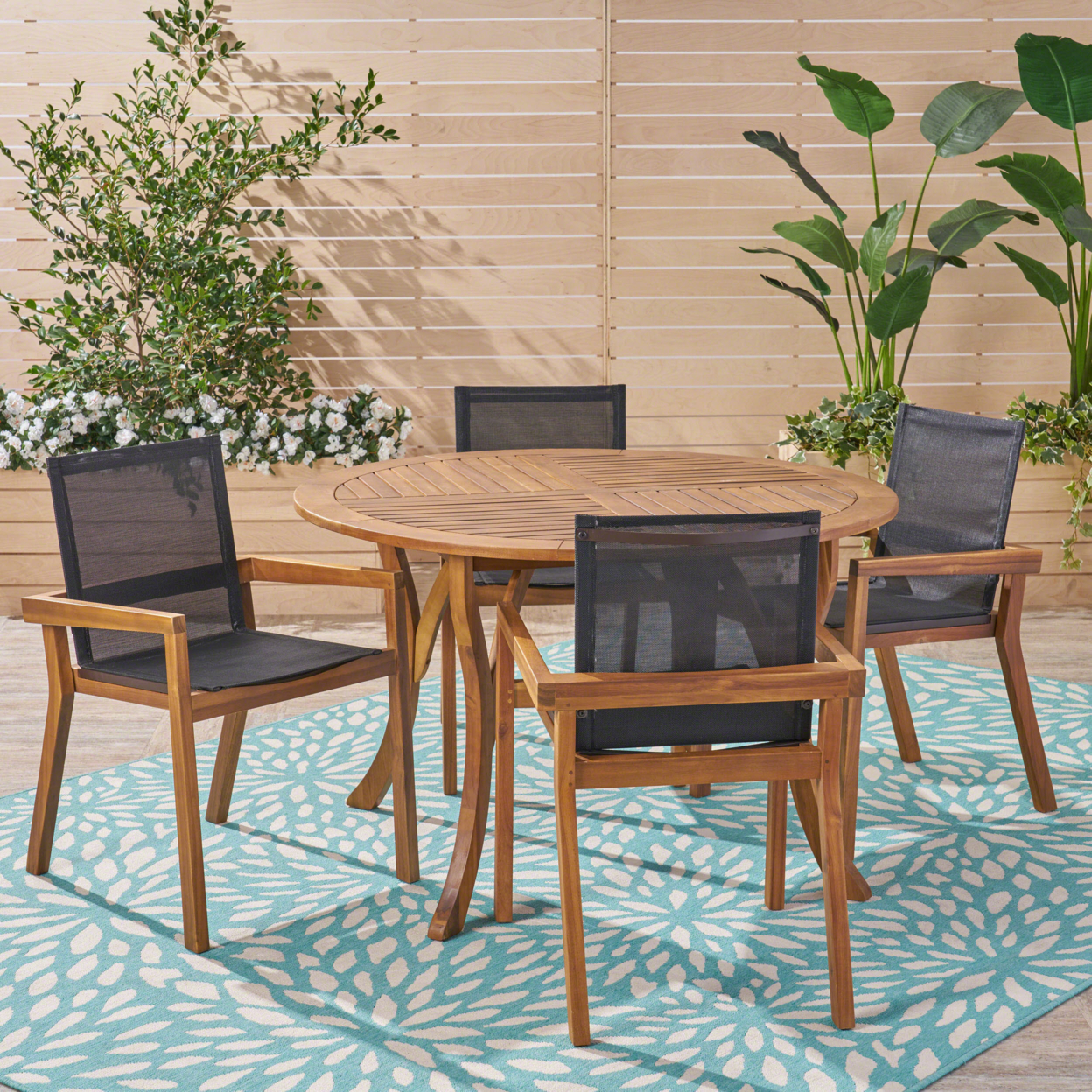 Spencer Outdoor Acacia Wood 5 Piece Round Dining Set With Mesh Seats - Gray