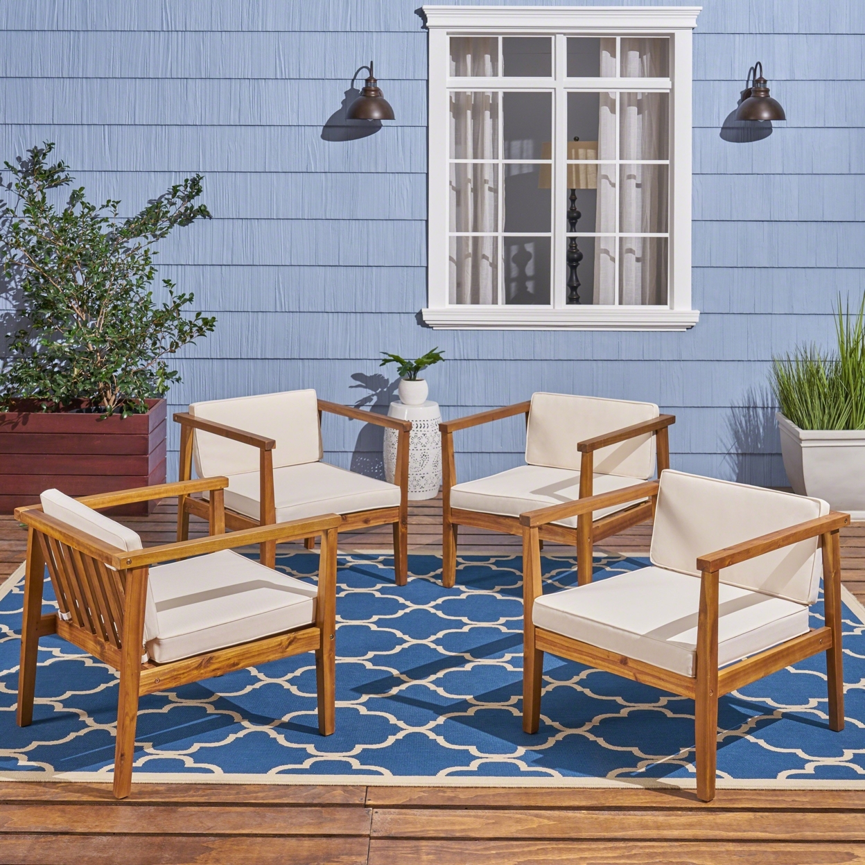 Thomson Outdoor Acacia Wood Club Chairs With Water-Resistant Cushions (Set Of 4) - Teak / Beige