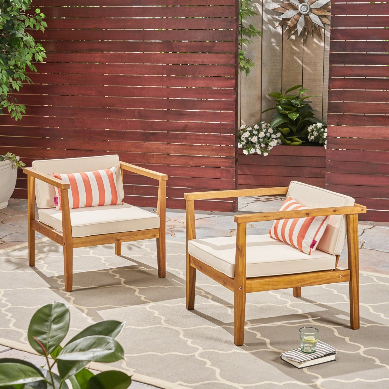 Thomson Outdoor Acacia Wood Club Chairs With Water-Resistant Cushions (Set Of 2) - Teak / Beige