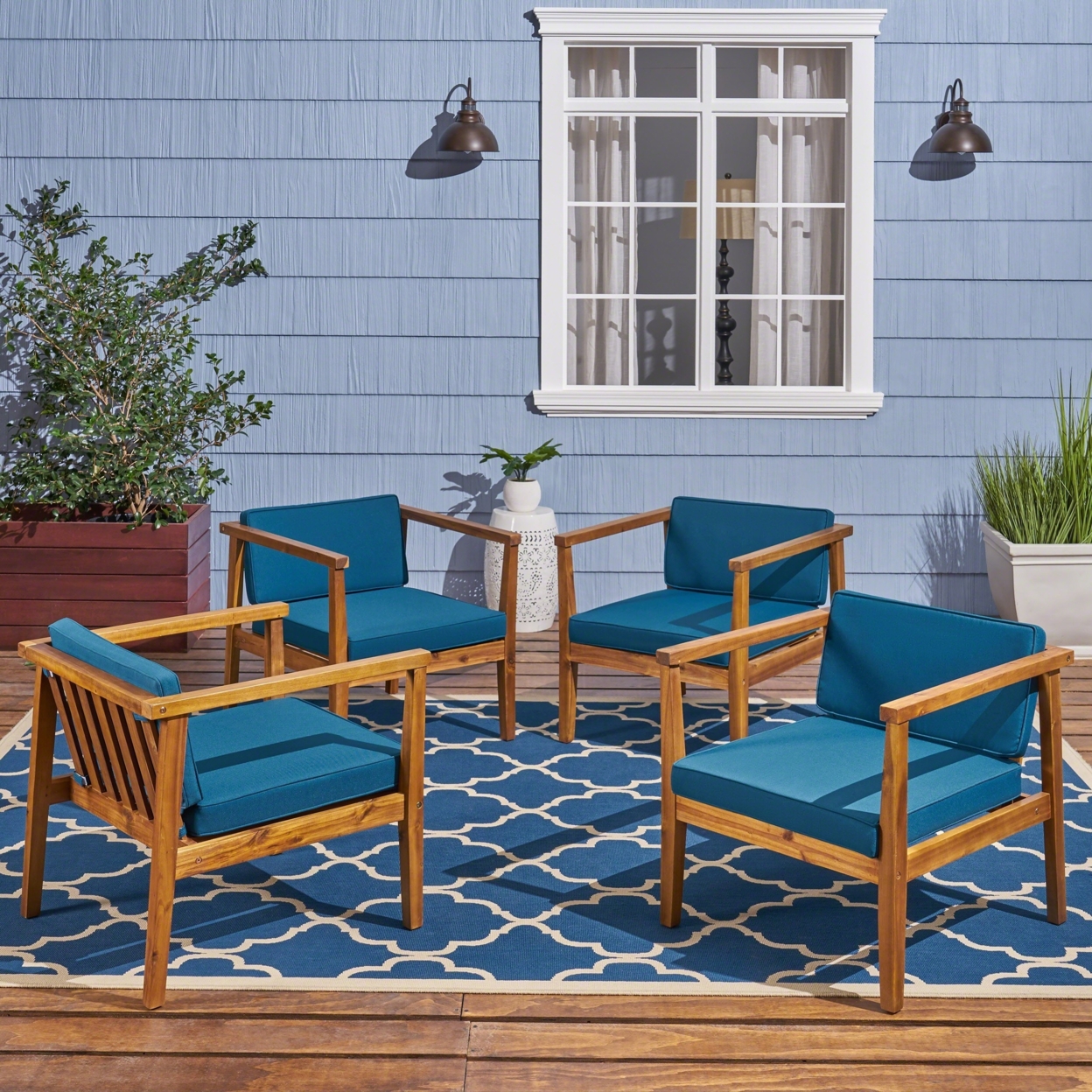 Thomson Outdoor Acacia Wood Club Chairs With Water-Resistant Cushions (Set Of 4) - Teak / Dark Teal