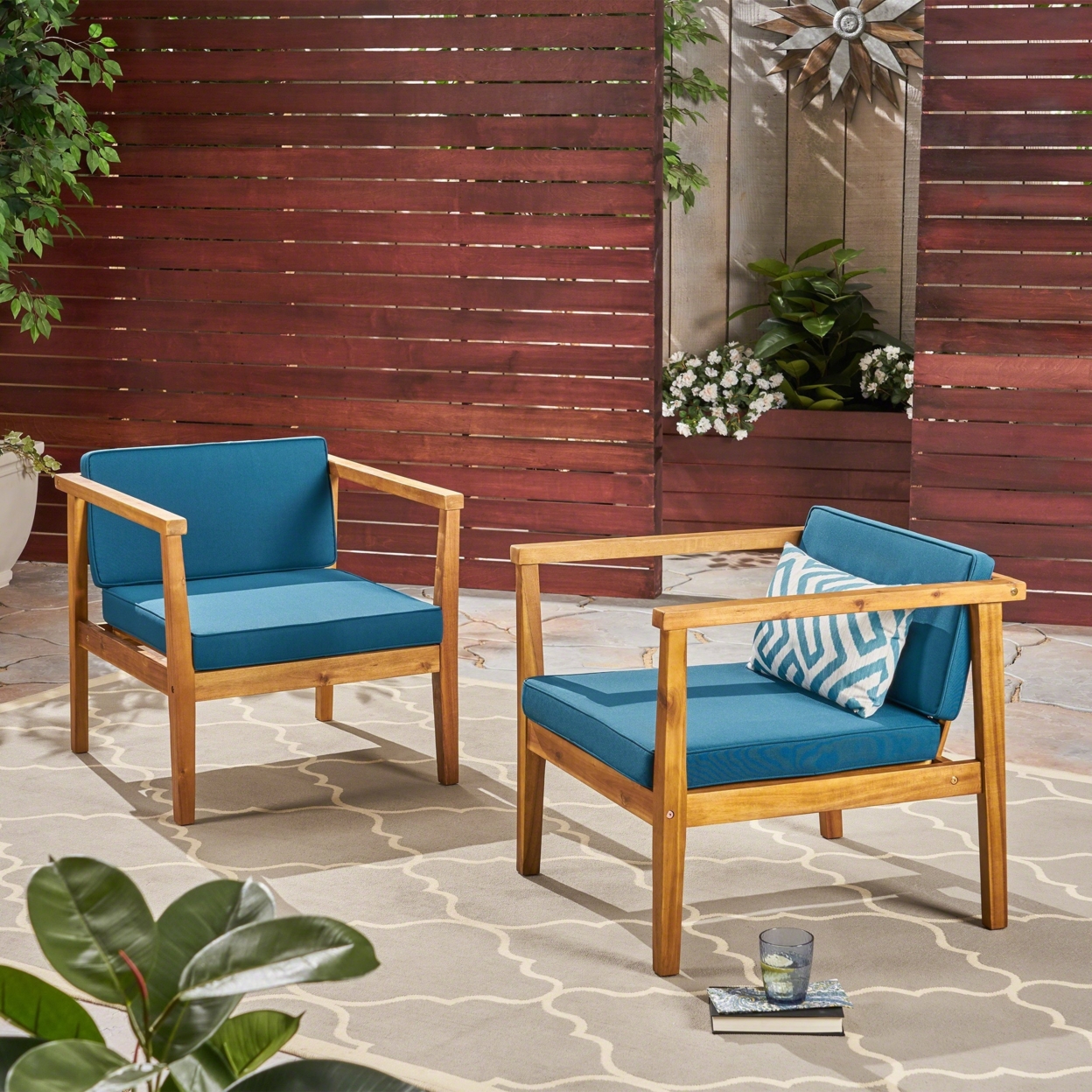 Thomson Outdoor Acacia Wood Club Chairs With Water-Resistant Cushions (Set Of 2) - Teak / Dark Teal