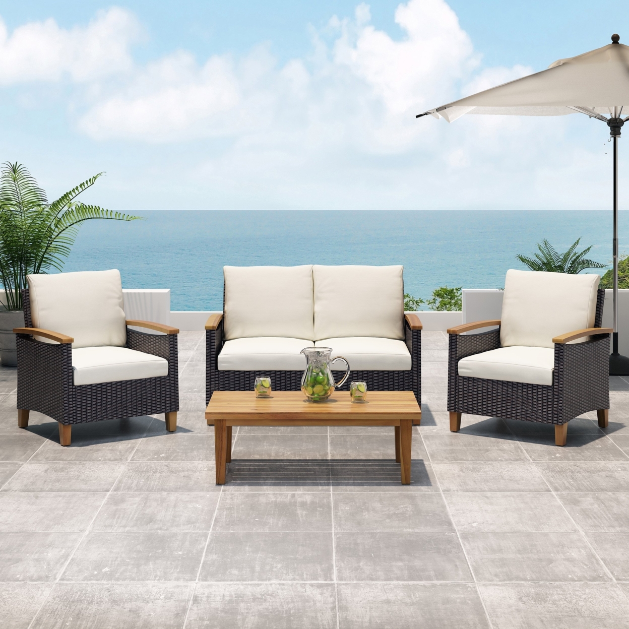 Velthur Outdoor 4 Seater Chat Set With Coffee Table - Multi-brown/beige/teak