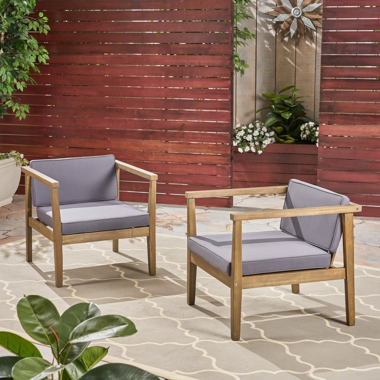 Thomson Outdoor Acacia Wood Club Chairs With Water-Resistant Cushions (Set Of 2) - Gray / Dark Gray
