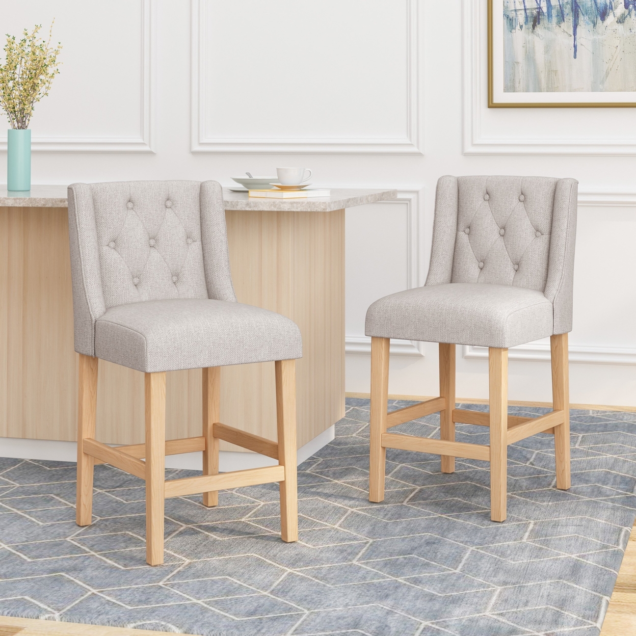Willamina Button Tufted Fabric Wingback Counterstool (Set Of 2) - Light Gray