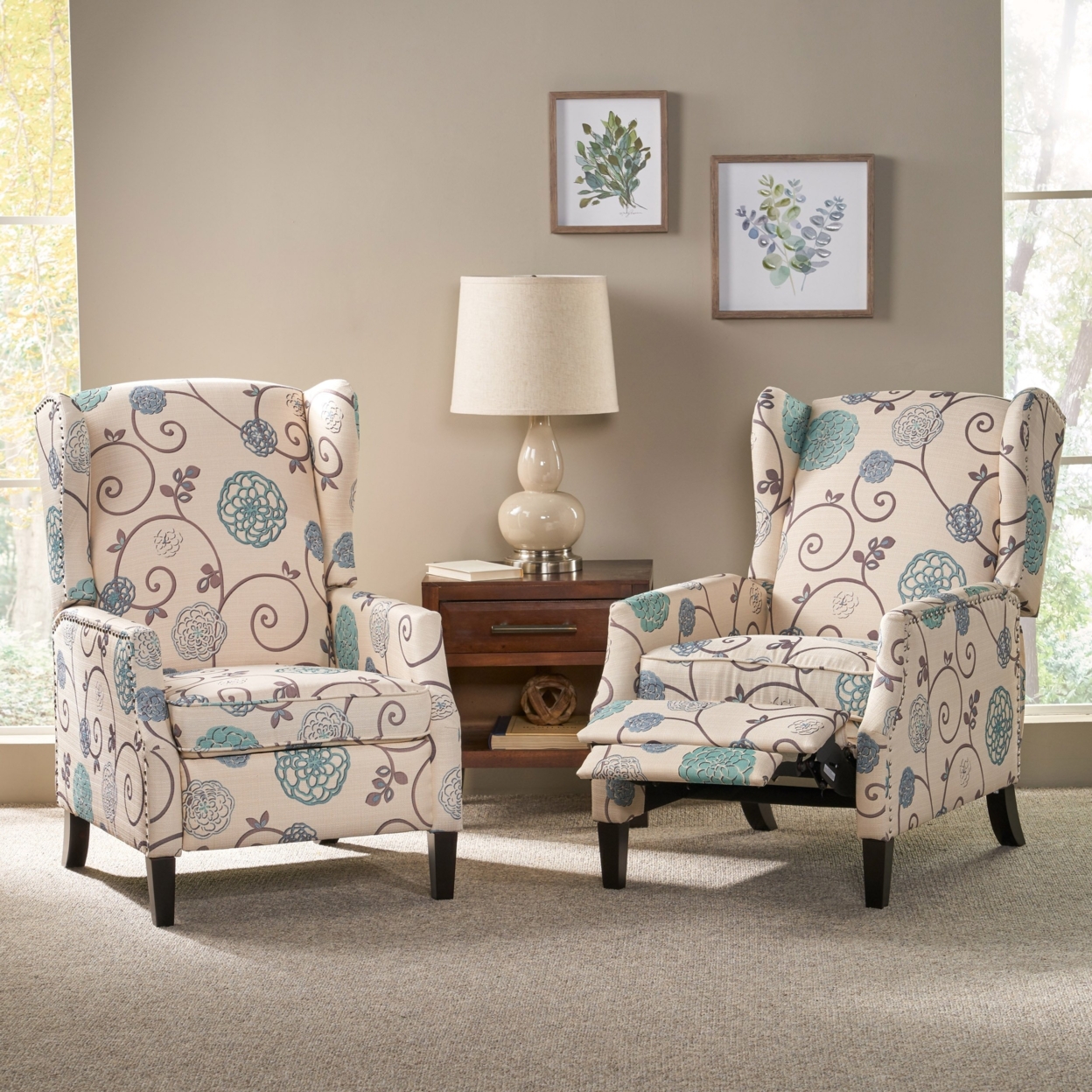 Weyland Contemporary Fabric Recliner (Set Of 2) - Light Beige With Blue Floral
