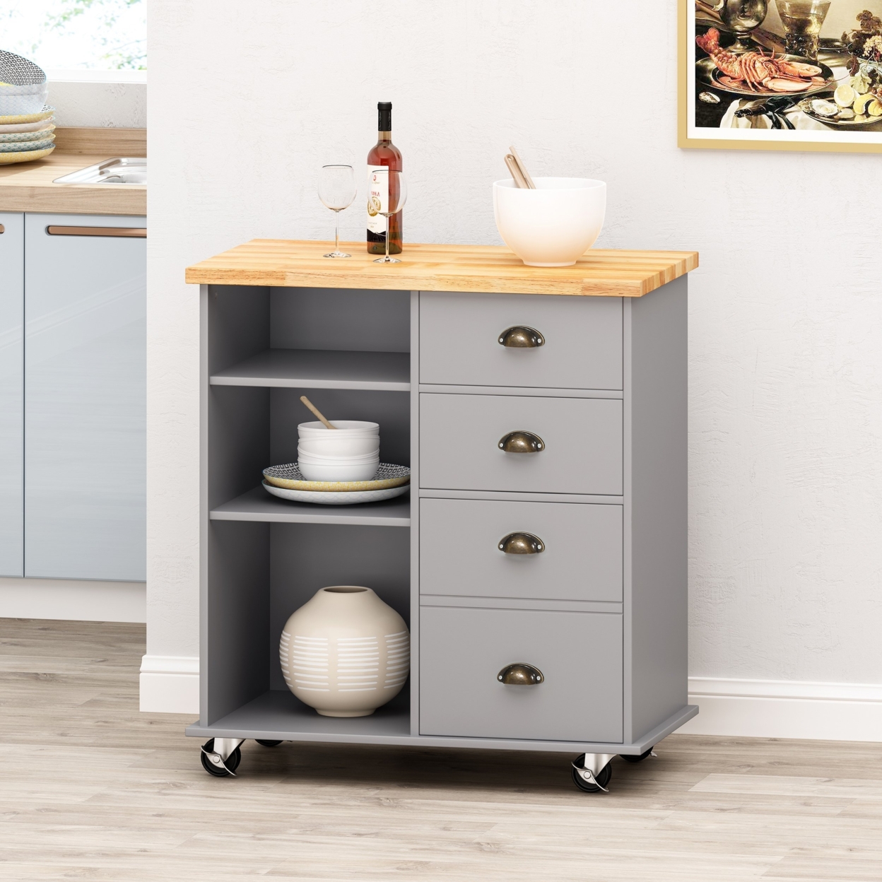 Yohaan Contemporary Kitchen Cart With Wheels - White/natural