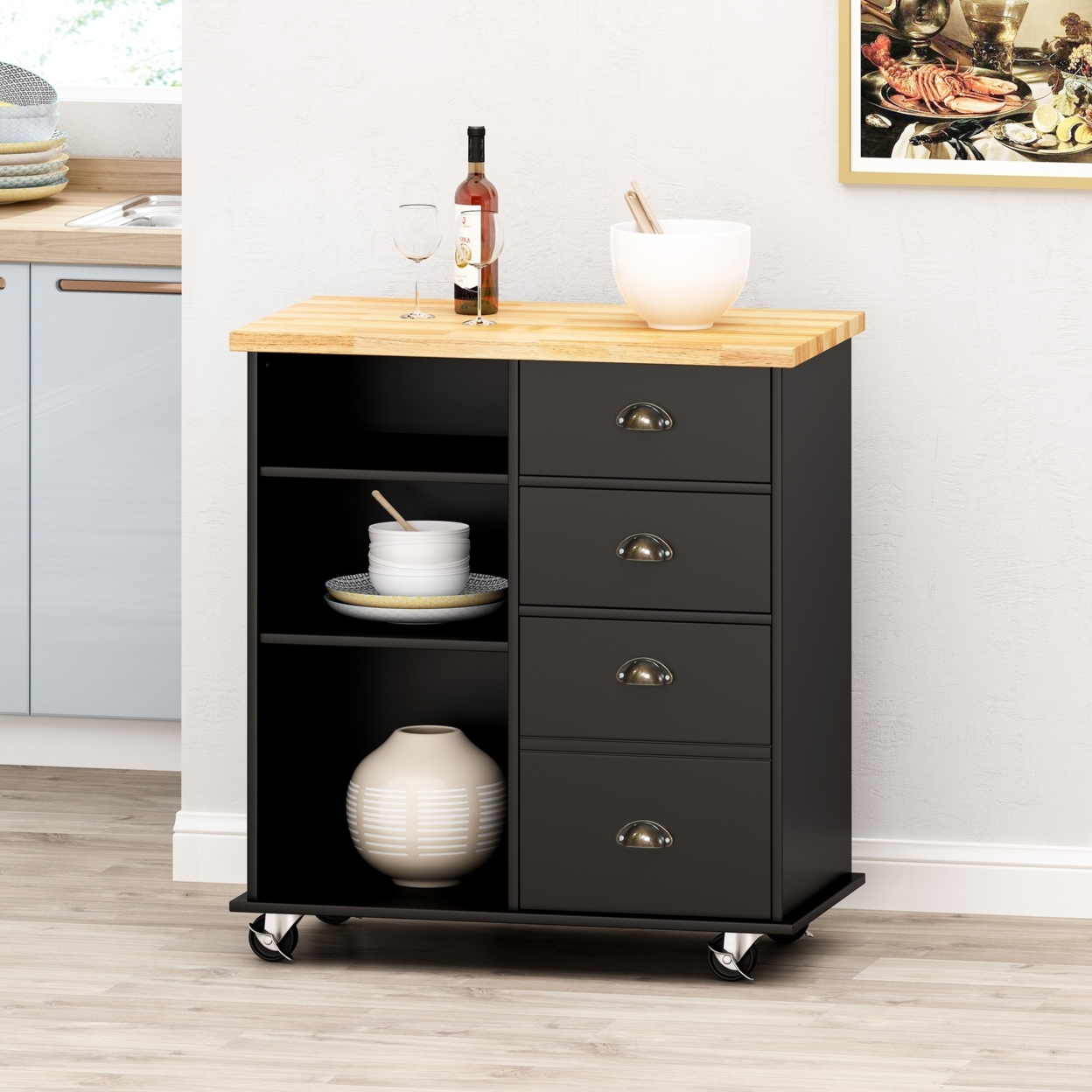 Yohaan Contemporary Kitchen Cart With Wheels - Black/natural
