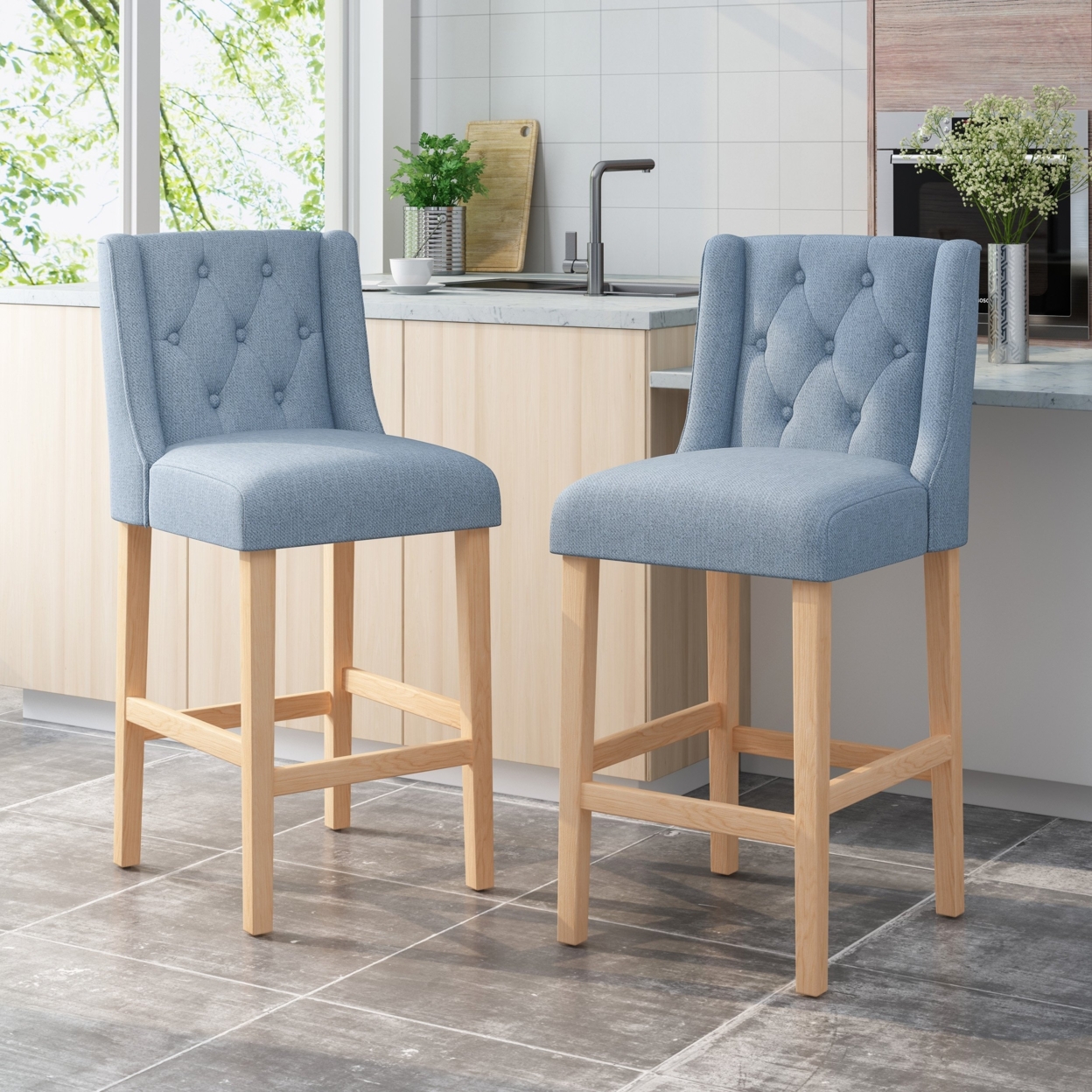 Zaydrian Button Tufted Fabric Wingback Bar Stool (Set Of 2) - Light Blue