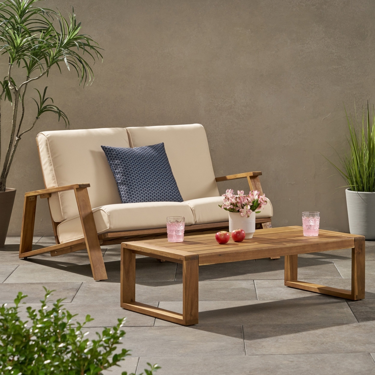 Youssef Outdoor Acacia Wood Loveseat Set With Coffee Table - Dark Gray