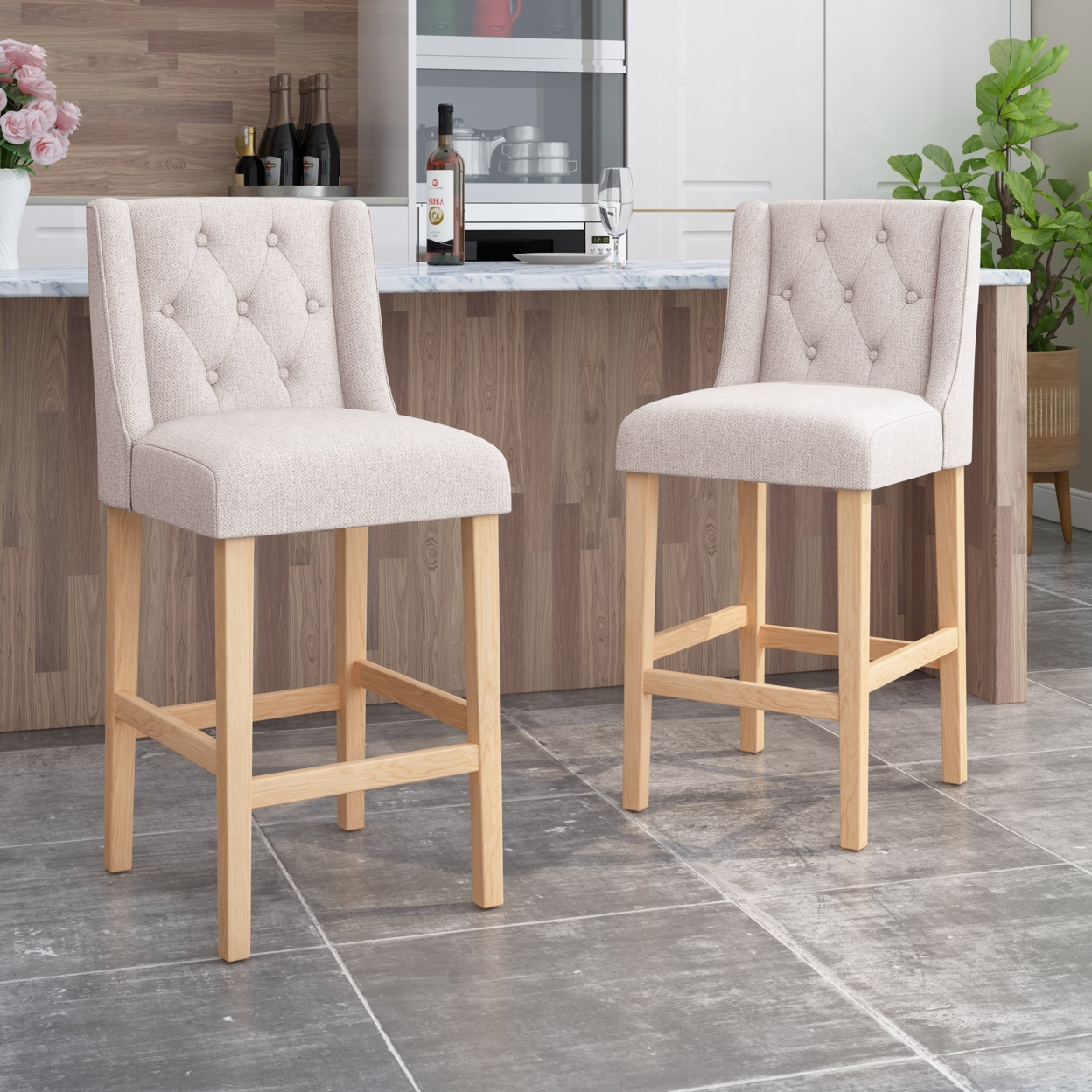 Zaydrian Button Tufted Fabric Wingback Bar Stool (Set Of 2) - Beige