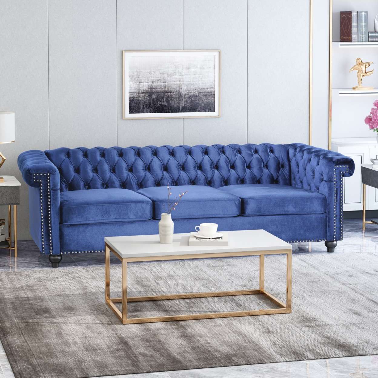 Zyiere Tufted Velvet Chesterfield 3 Seater Sofa - Midnight Blue
