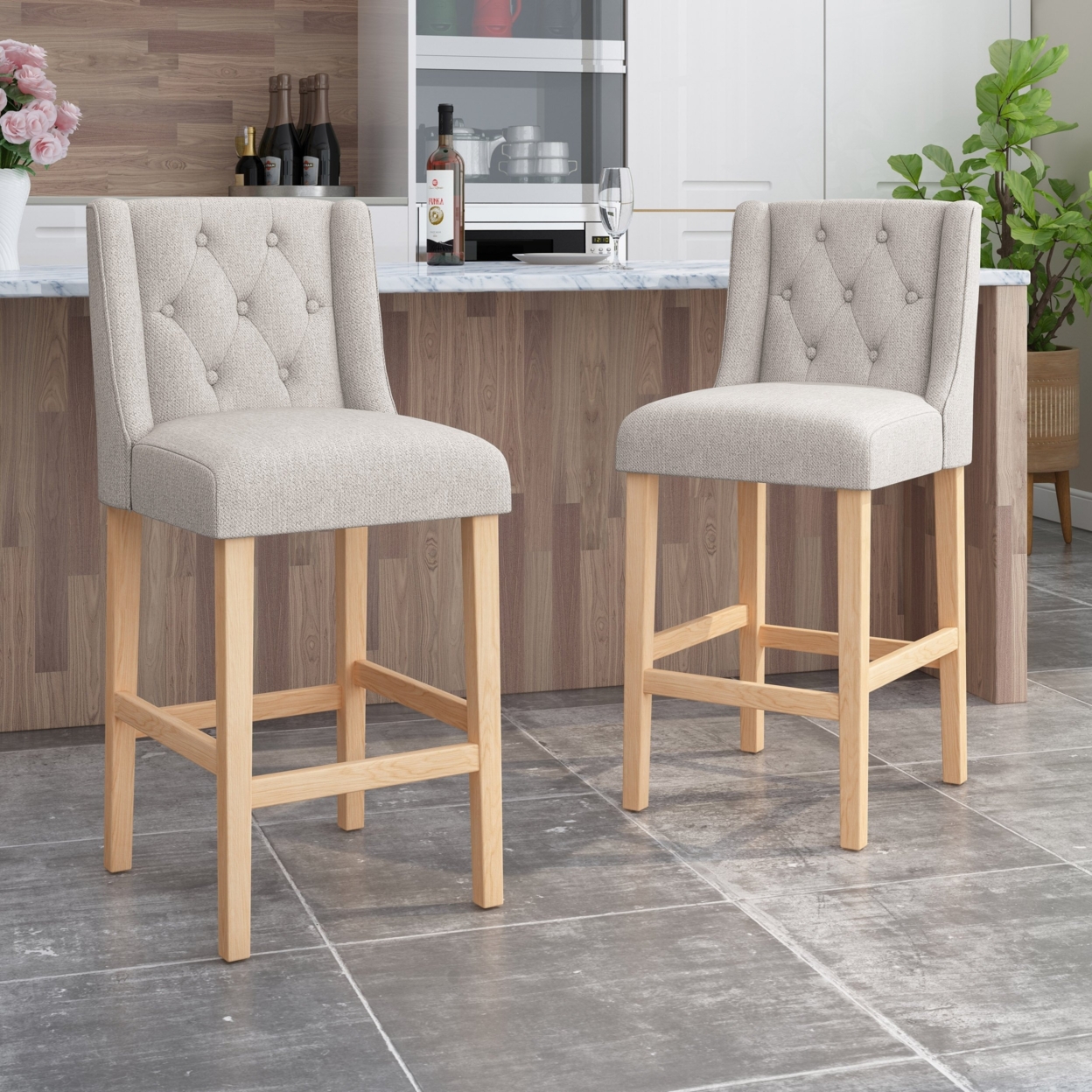 Zaydrian Button Tufted Fabric Wingback Bar Stool (Set Of 2) - Light Gray