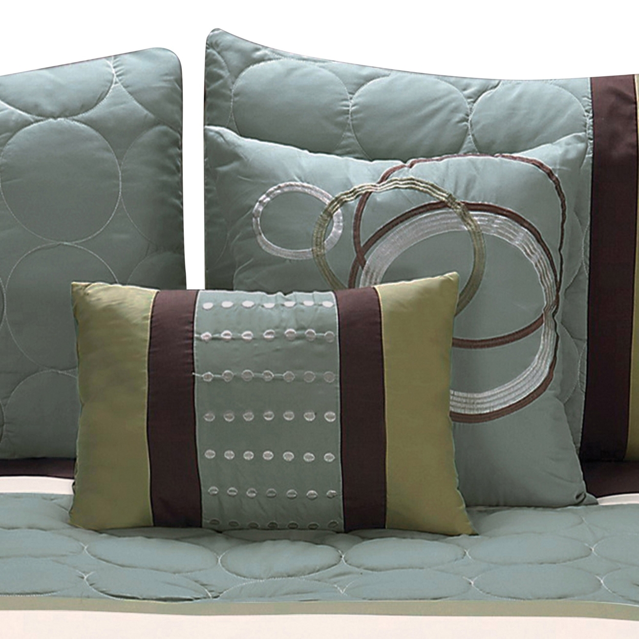 6 Piece King Comforter Set With Pleats And Embroidery, Green And Blue- Saltoro Sherpi