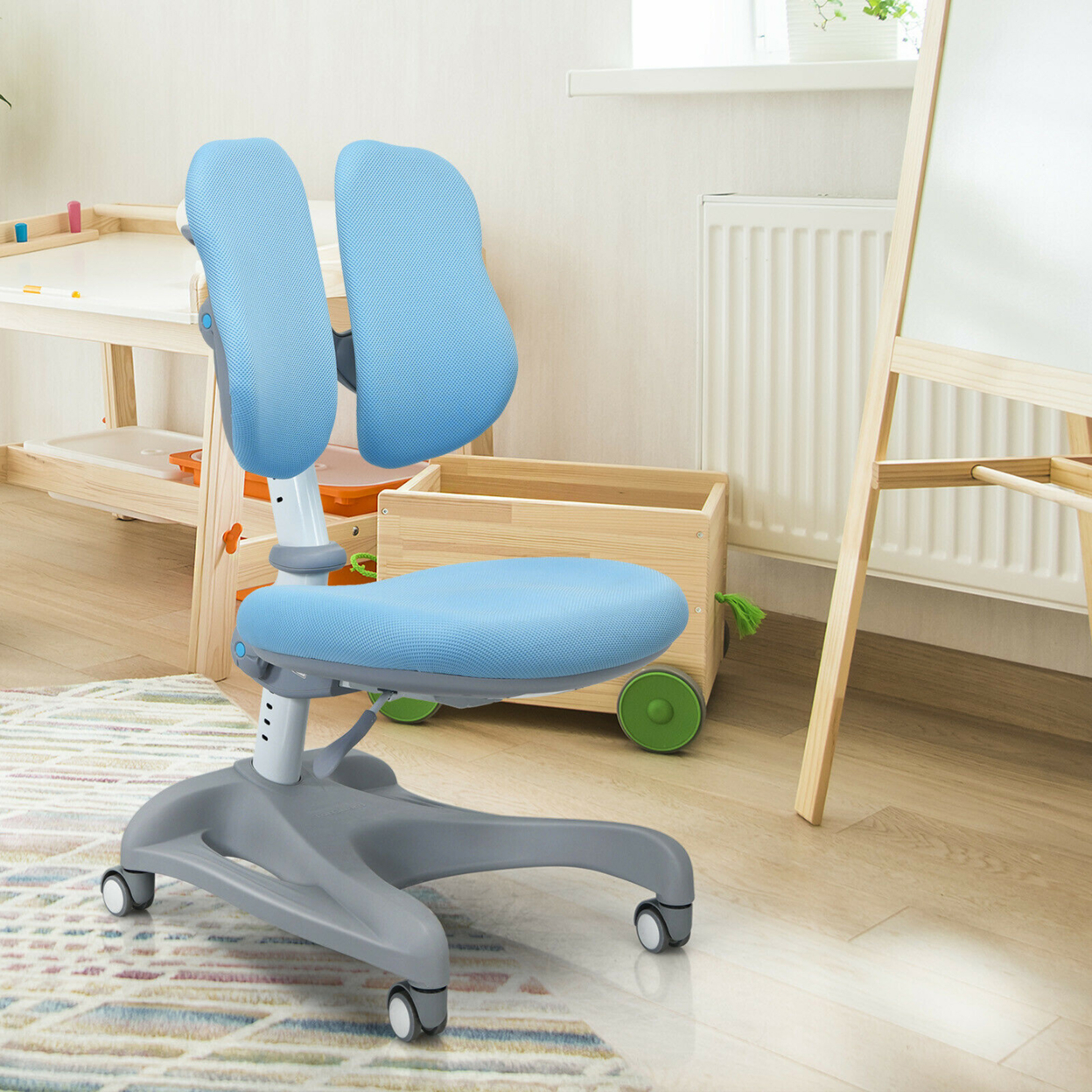 Kids Study Desk Chair Adjustable Height Depth W/Sit-Brake Casters - Pink