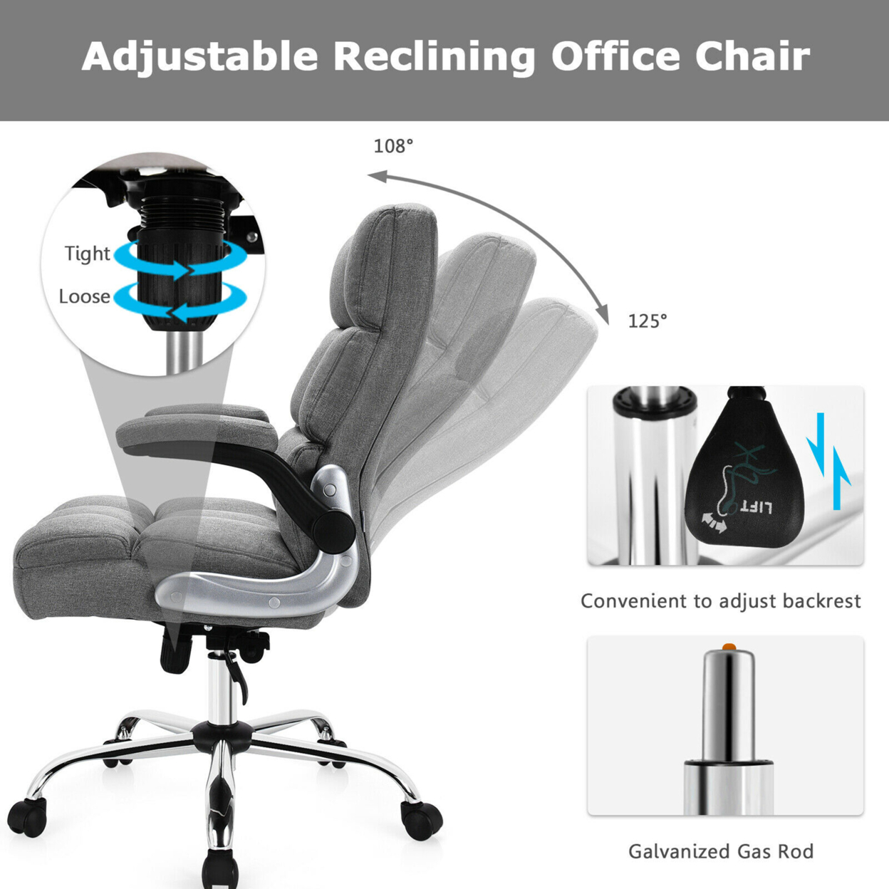 High Back Big & Tall Office Chair Adjustable Swivel W/Flip-up Arm - Grey