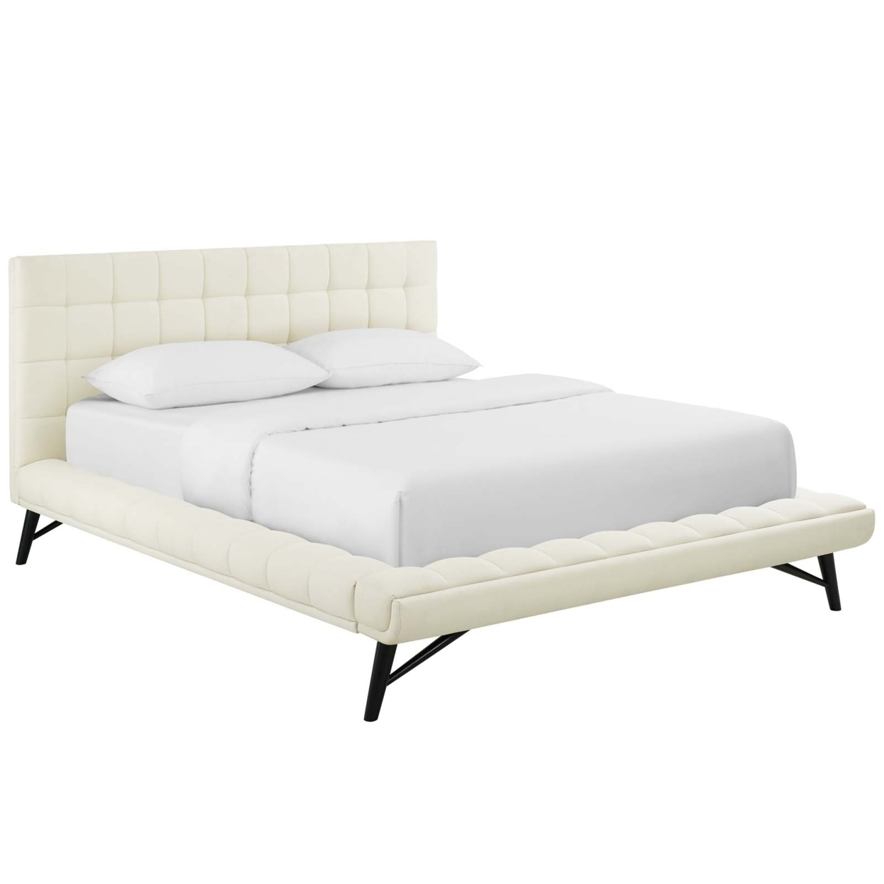 Julia Queen Biscuit Tufted Upholstered Fabric Platform Bed, Ivory