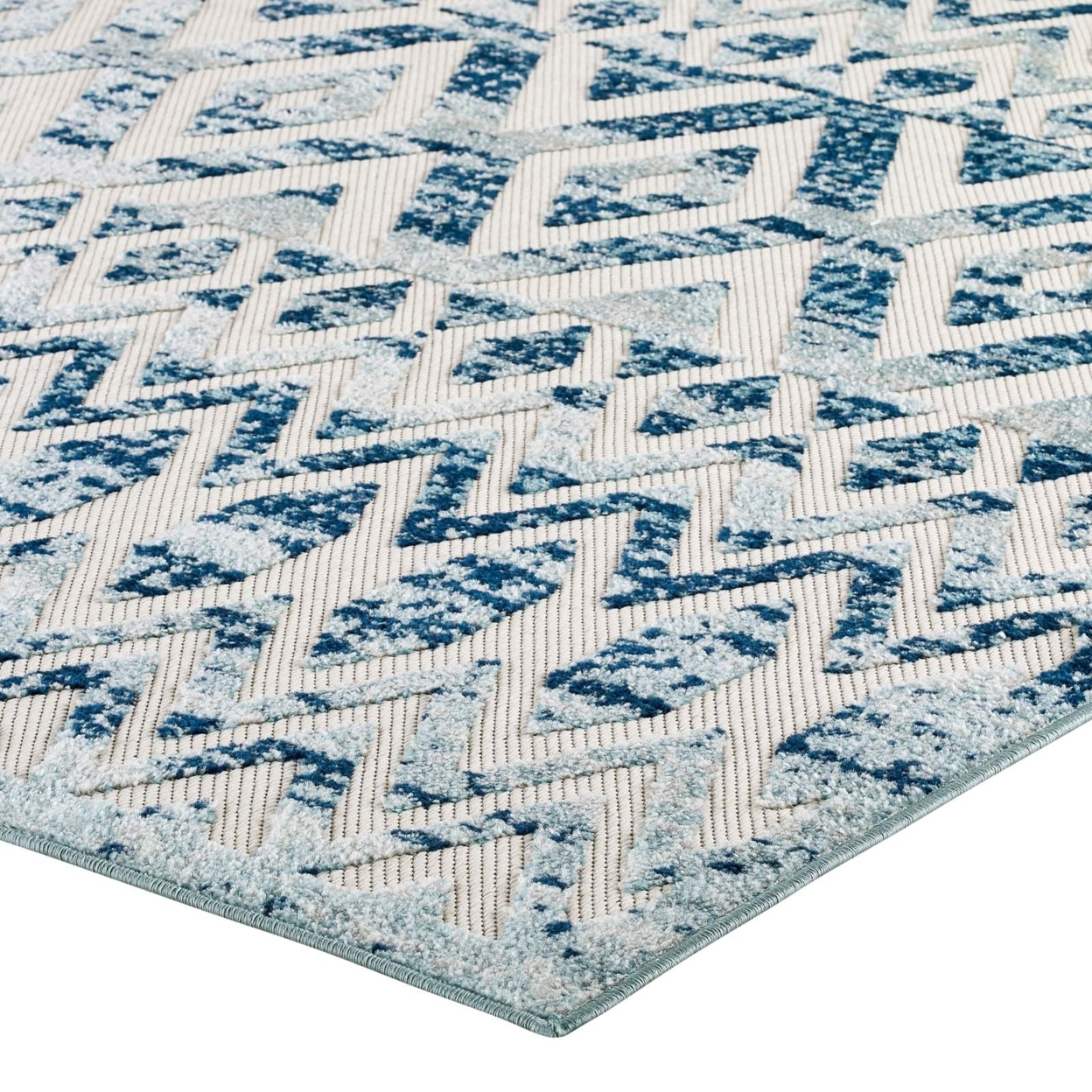 Reflect Tamako Diamond And Chevron Moroccan Trellis 5x8 Indoor Or Outdoor Area Rug, Ivory And Blue