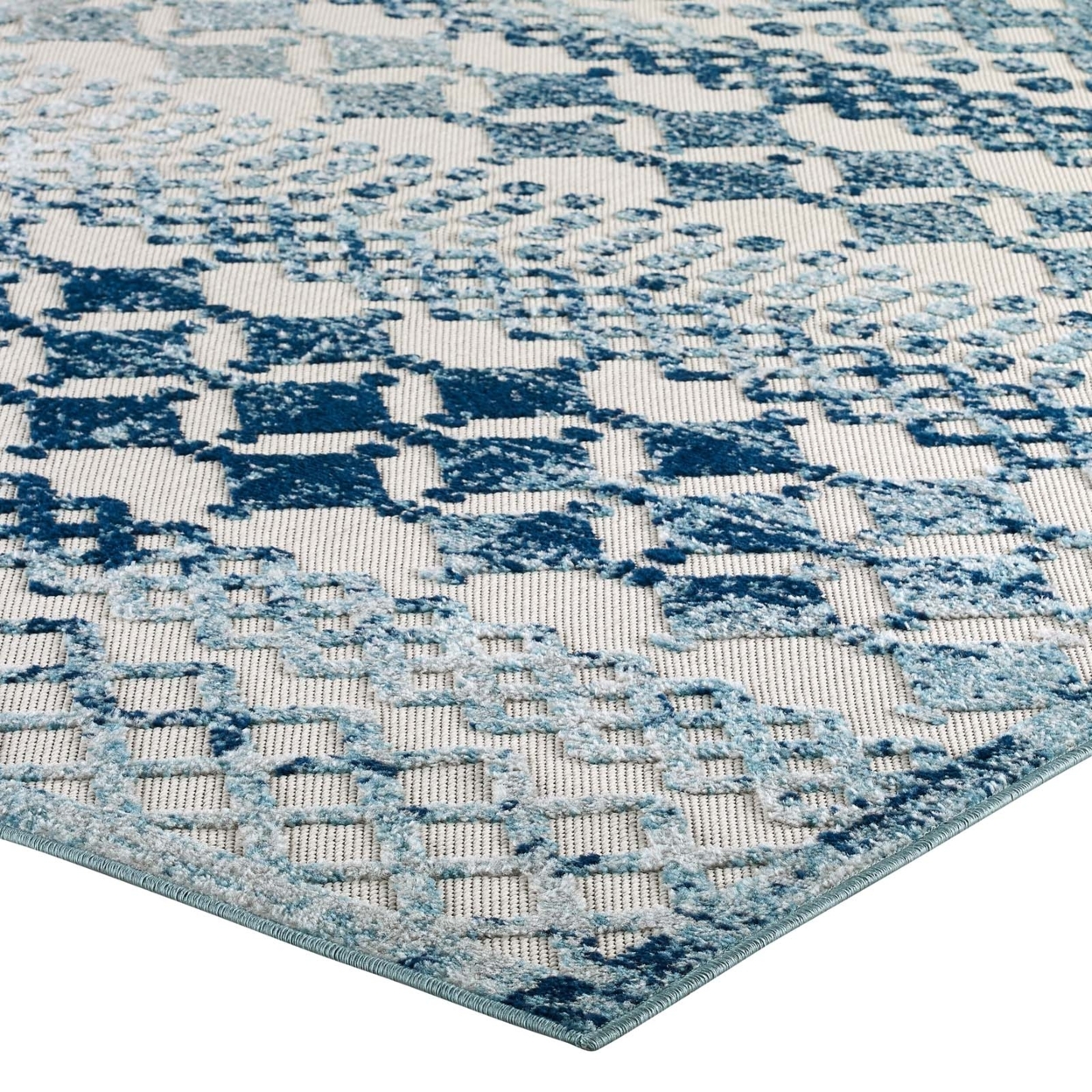 Reflect Giada Abstract Diamond Moroccan Trellis 5x8 Indoor Or Outdoor Area Rug, Ivory And Blue
