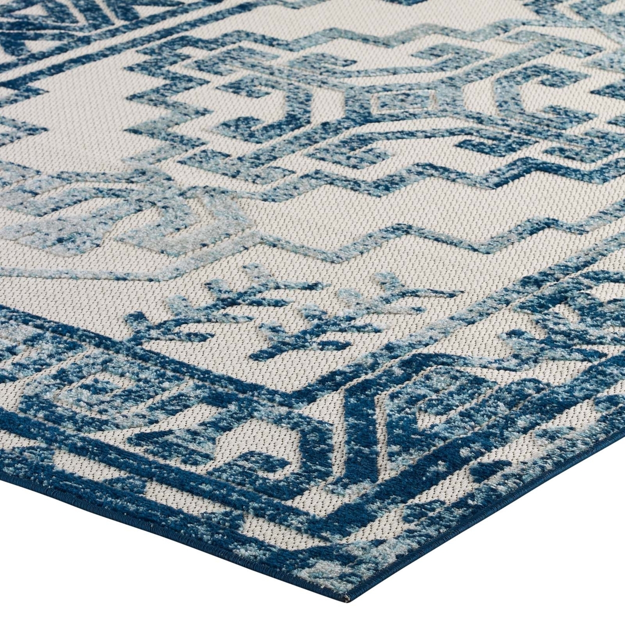 Reflect Nyssa Distressed Geometric Southwestern Aztec 5x8 Indoor Or Outdoor Area Rug, Ivory And Blue