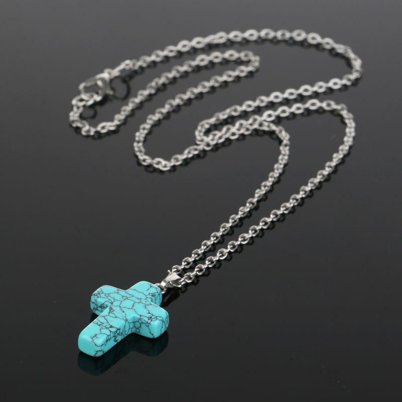 Sterling Silver Natural Gemstone Cross Pendant Necklace - Turquoise Cross