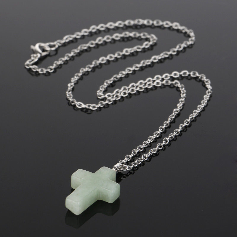 Sterling Silver Natural Gemstone Cross Pendant Necklace - Green Jade Cross