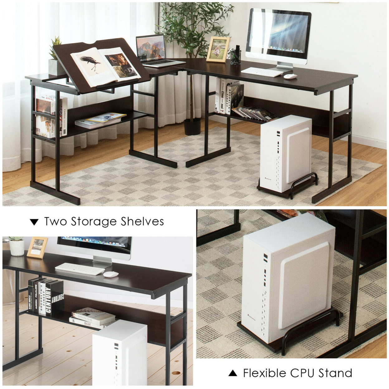 L-Shaped Computer Desk Drafting Table Workstation W/ Tiltable Tabletop - Espresso