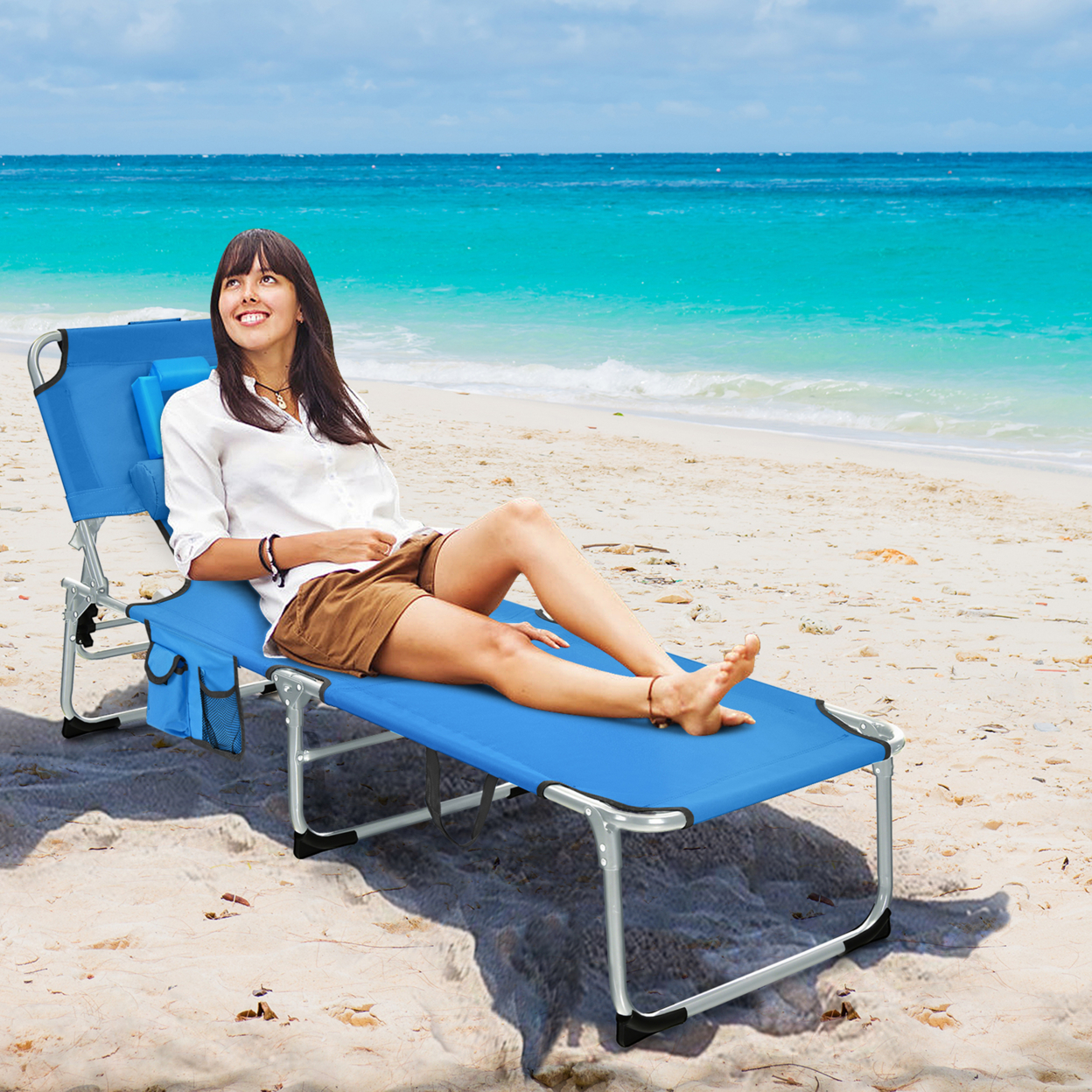 Set Of 2 Beach Chaise Lounge Chair Folding Reclining Chair W/ Facing Hole - Blue