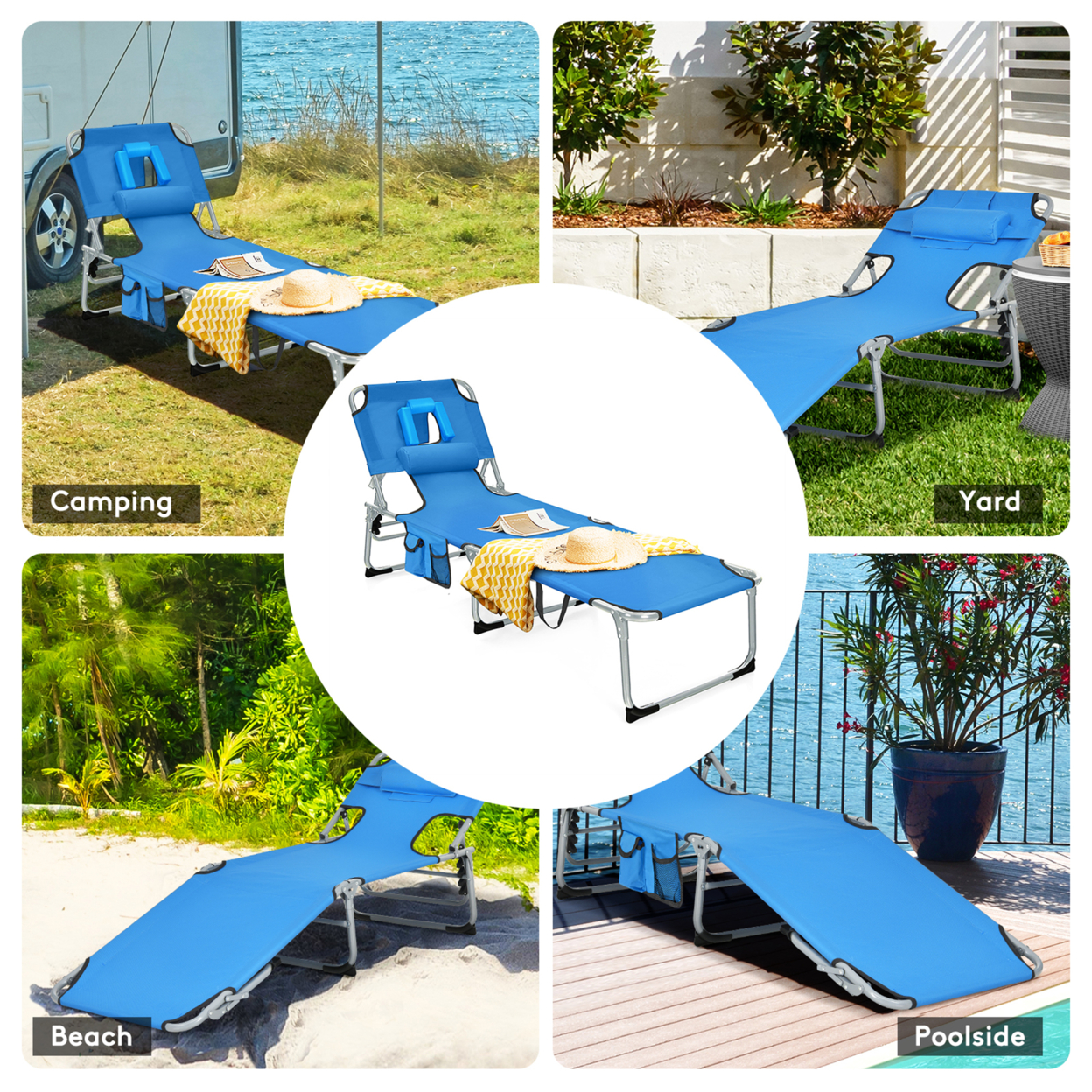 Portable Beach Chaise Lounge Chair Folding Reclining Chair W/ Facing Hole - Blue