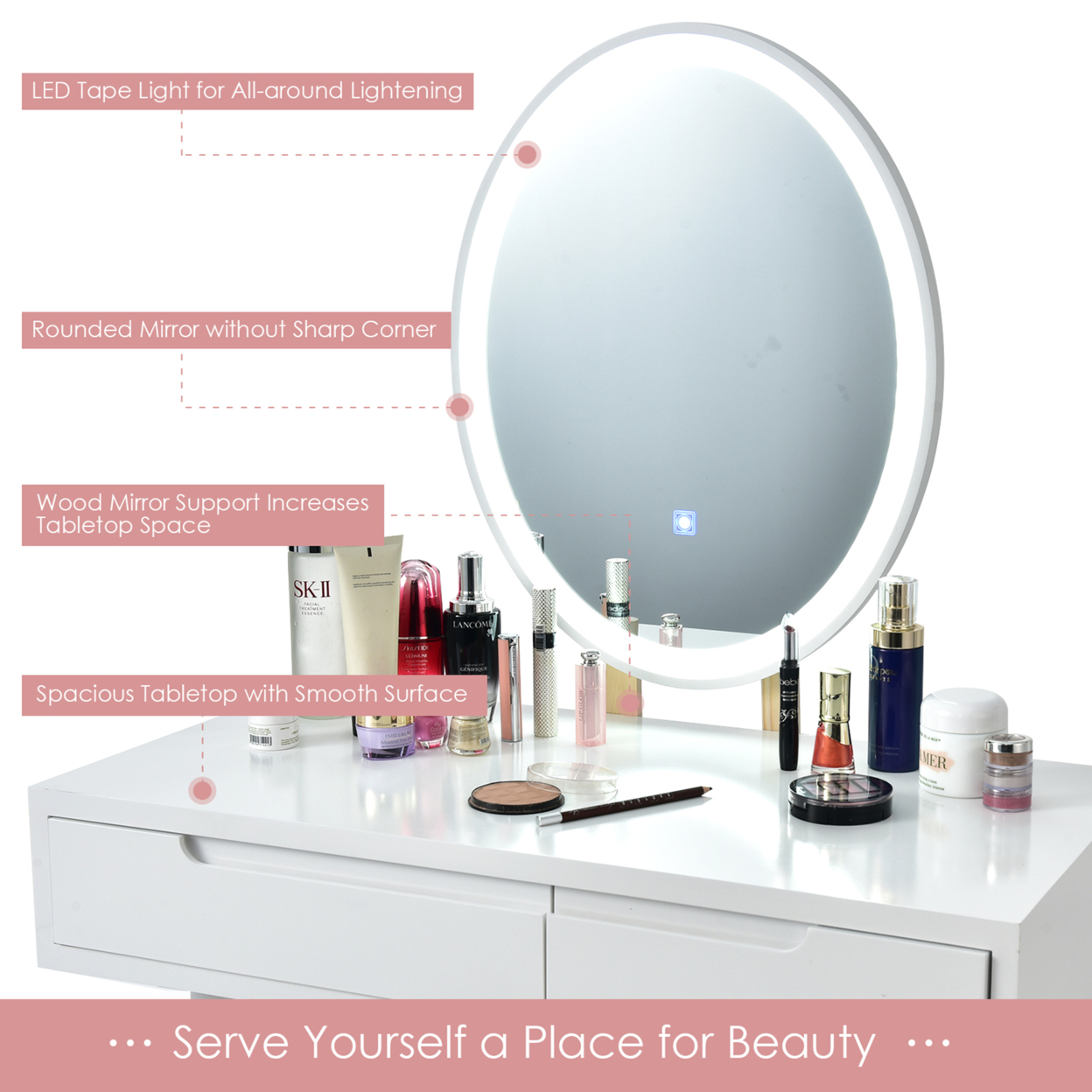 Makeup Vanity Dressing Table Set W/ Touch Screen Padded Stool Black/White/Gray - White